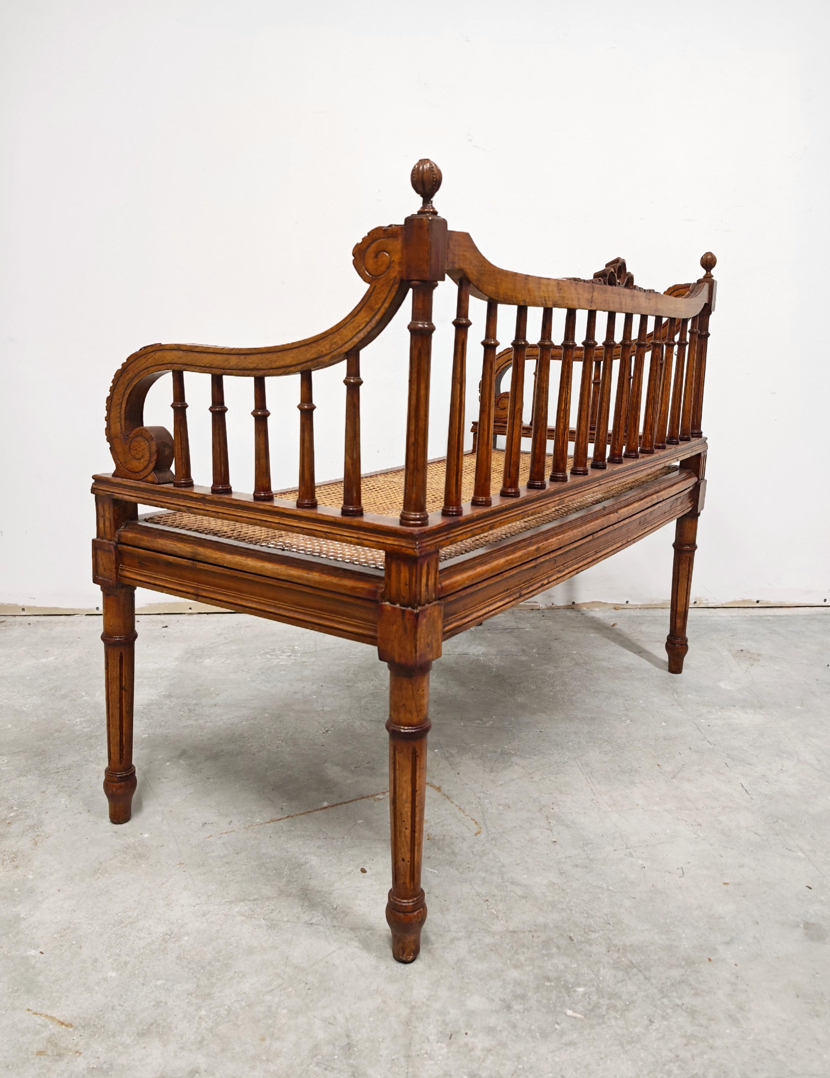 Antique hand-carved Bench done in style of Louis XVI with hand-woven cane seat For Sale 1