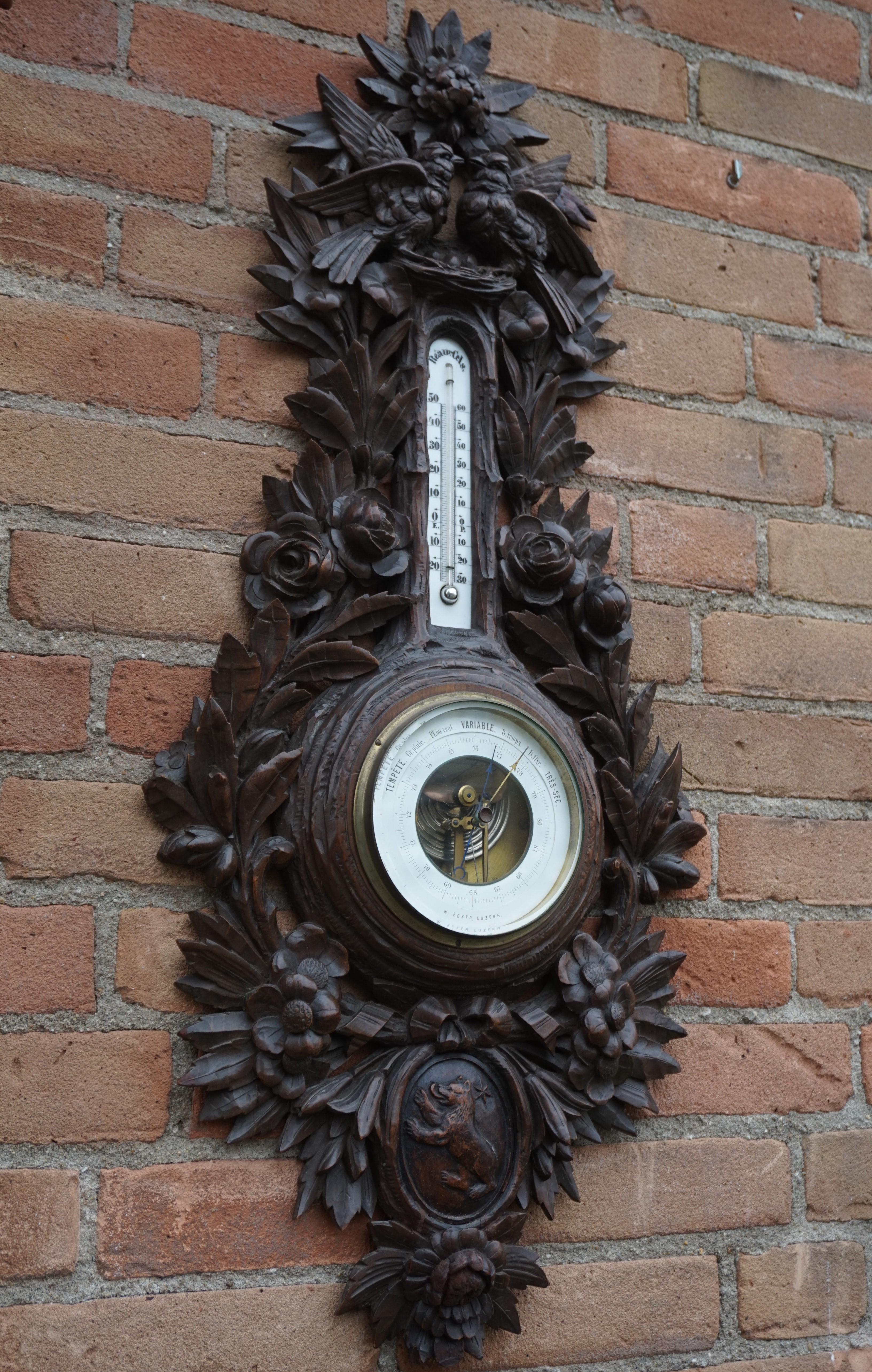 Antique Hand Carved Black Forest Barometer, Flowers ans Nesting Birds Sculptures For Sale 4
