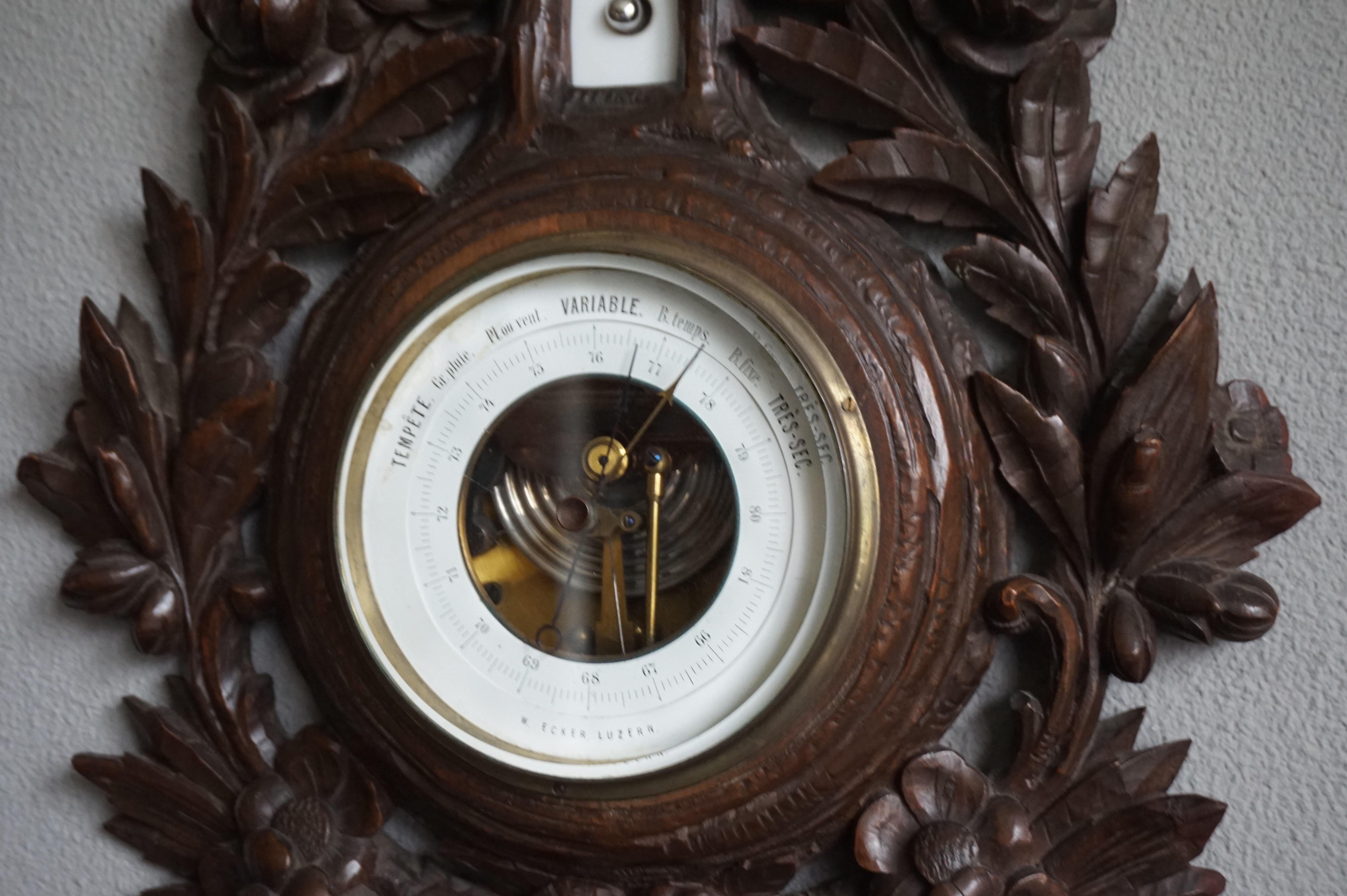Antique Hand Carved Black Forest Barometer, Flowers ans Nesting Birds Sculptures For Sale 6