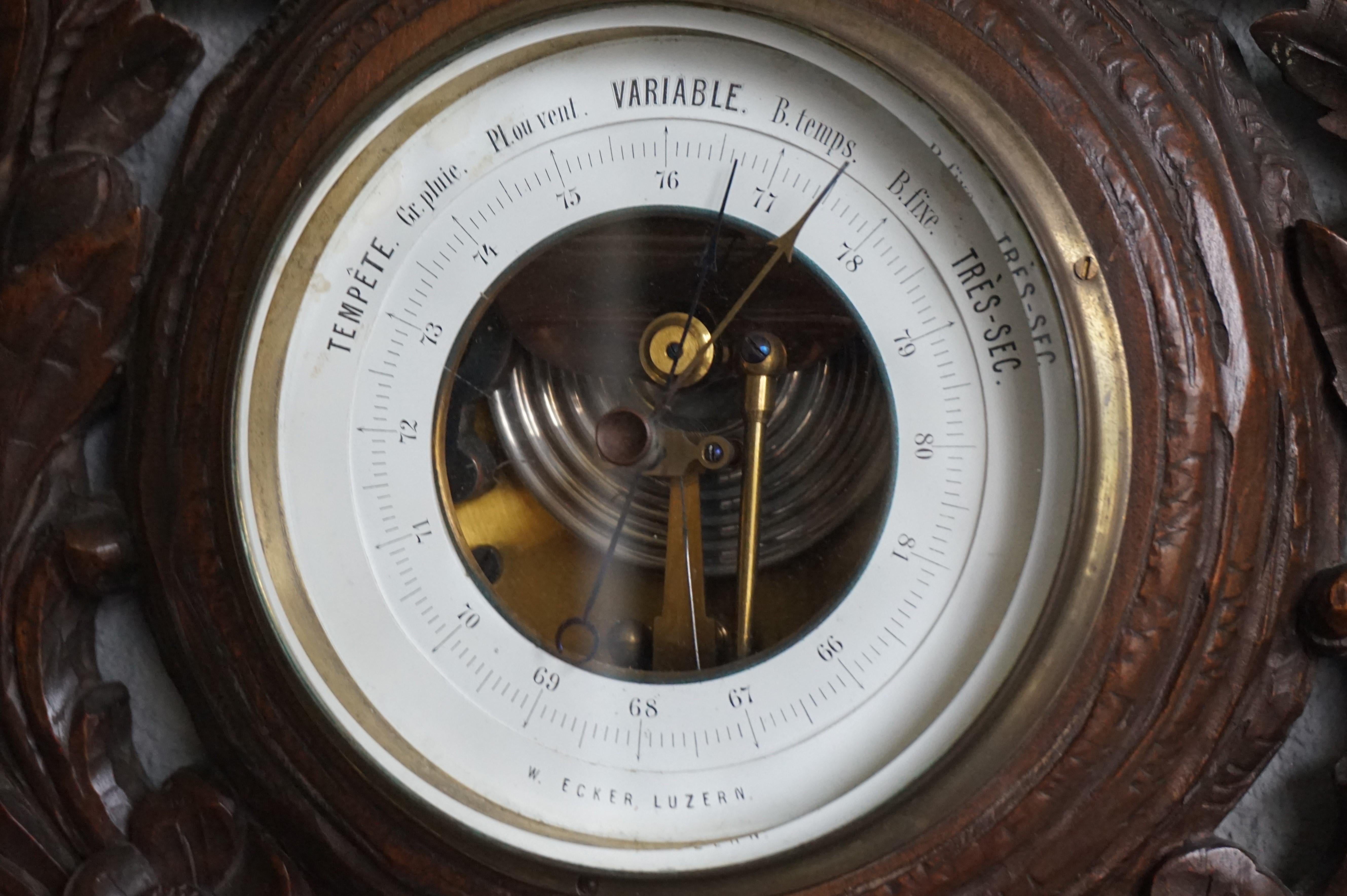 Antique Hand Carved Black Forest Barometer, Flowers ans Nesting Birds Sculptures 6