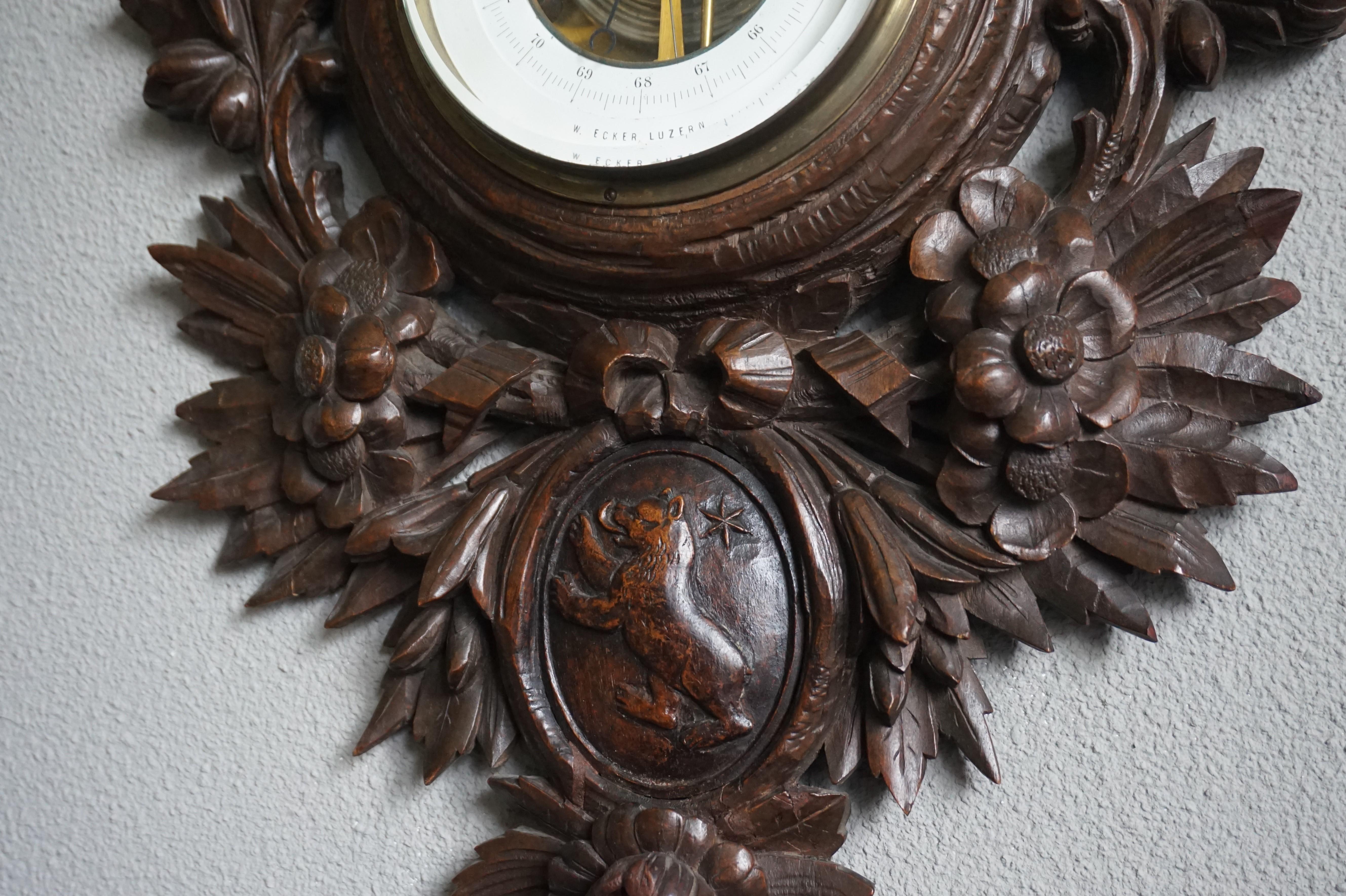 Antique Hand Carved Black Forest Barometer, Flowers ans Nesting Birds Sculptures 7