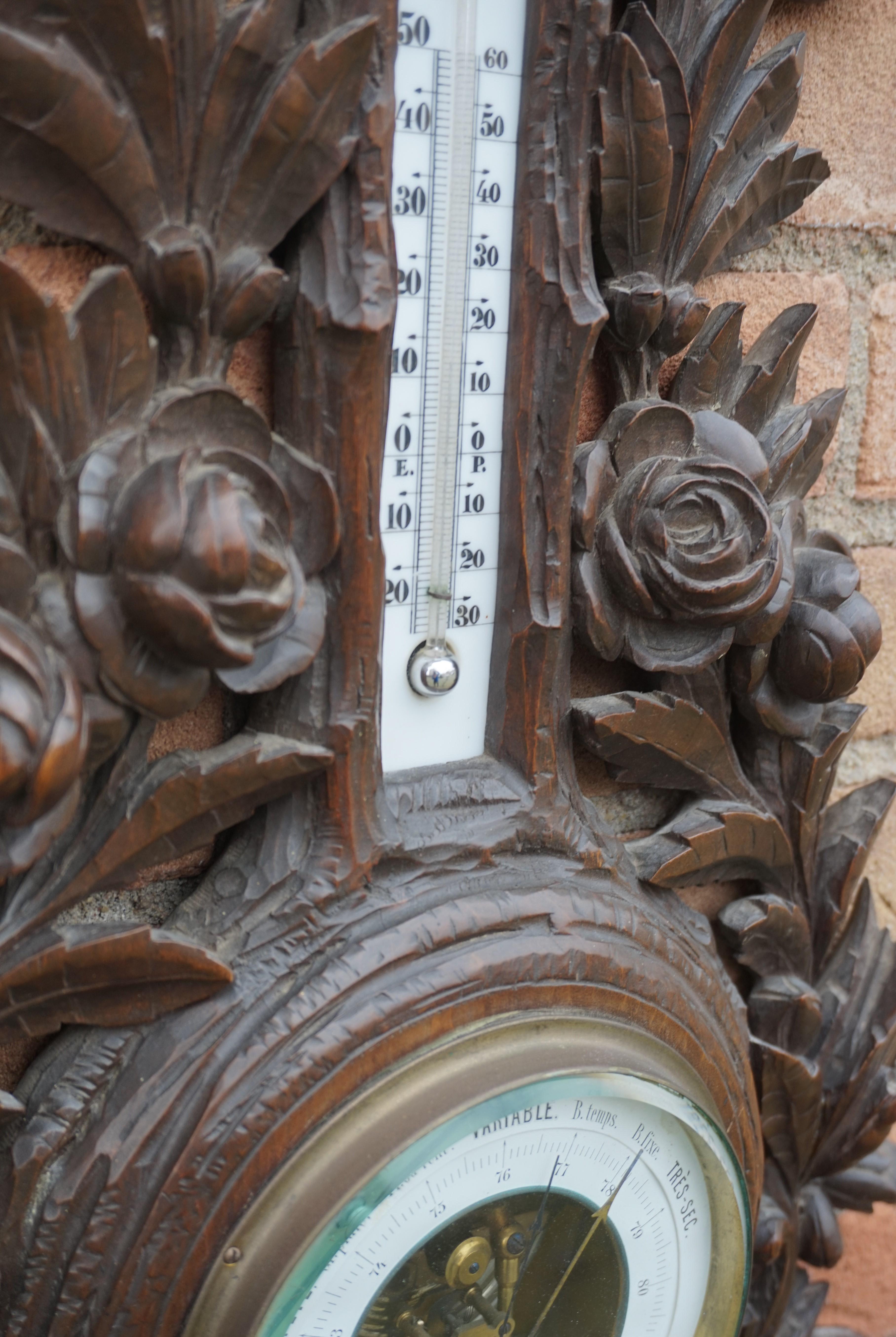 Antique Hand Carved Black Forest Barometer, Flowers ans Nesting Birds Sculptures 9
