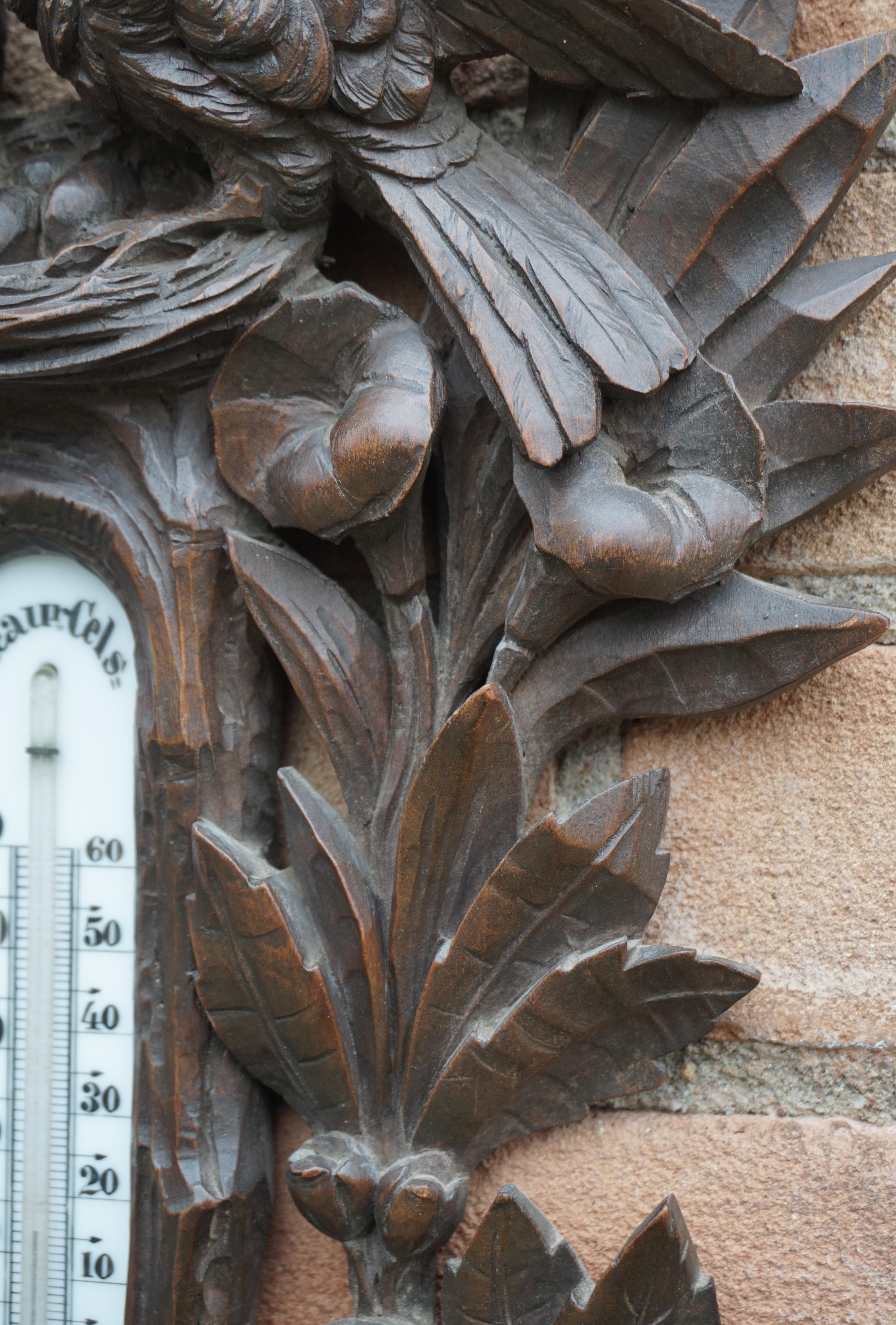 Antique Hand Carved Black Forest Barometer, Flowers ans Nesting Birds Sculptures 10