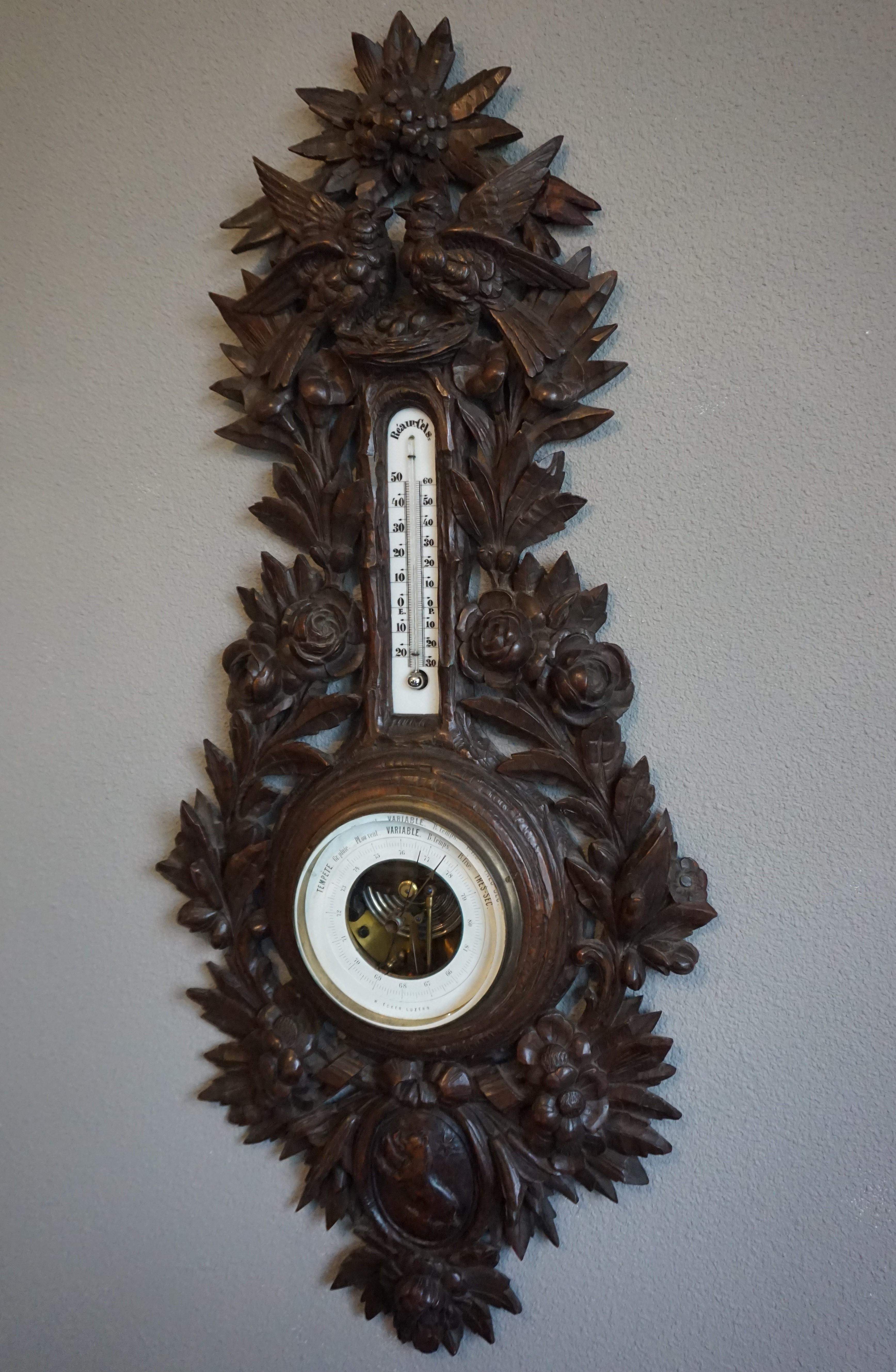 Antique Hand Carved Black Forest Barometer, Flowers ans Nesting Birds Sculptures For Sale 13