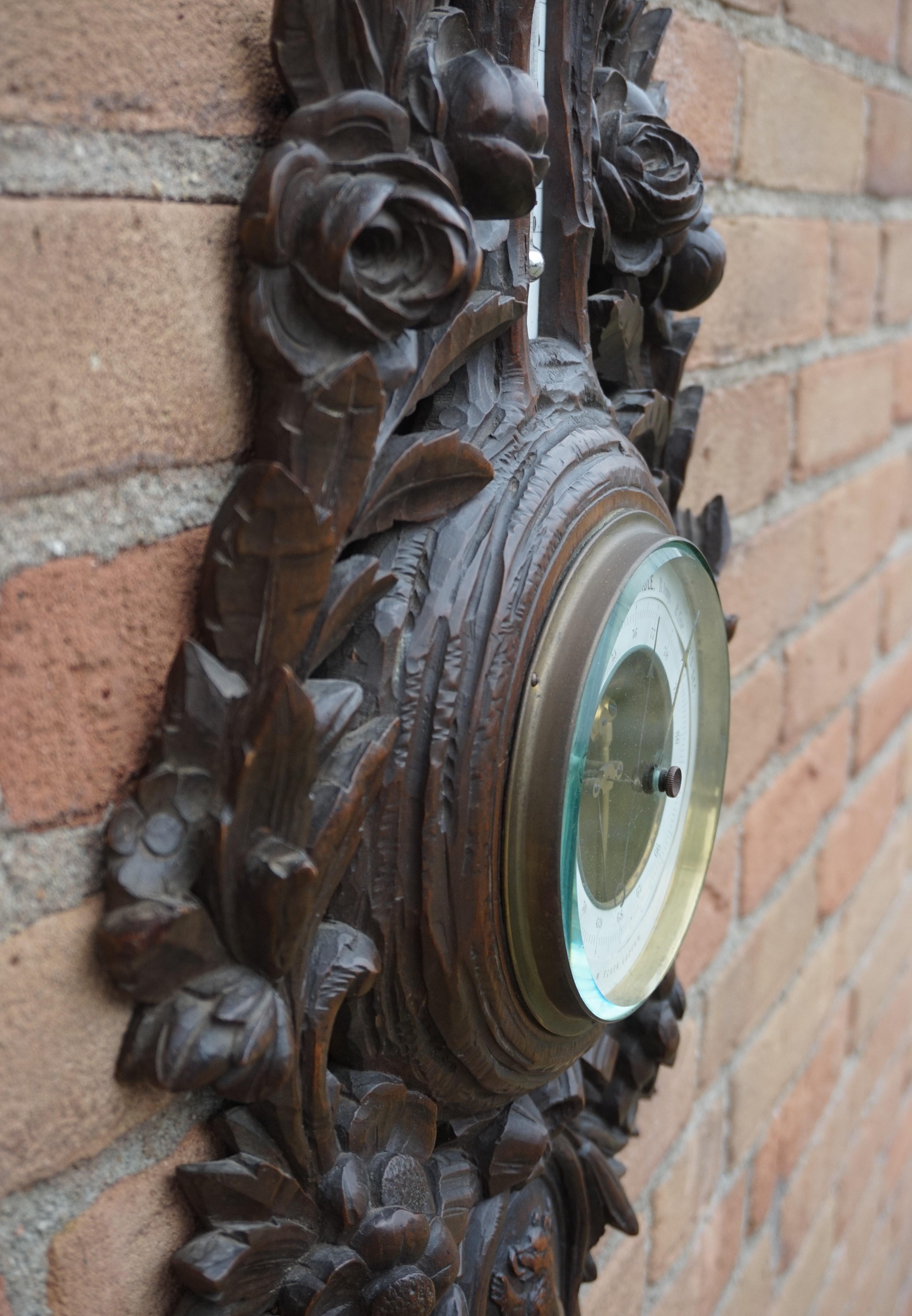 Glass Antique Hand Carved Black Forest Barometer, Flowers ans Nesting Birds Sculptures For Sale