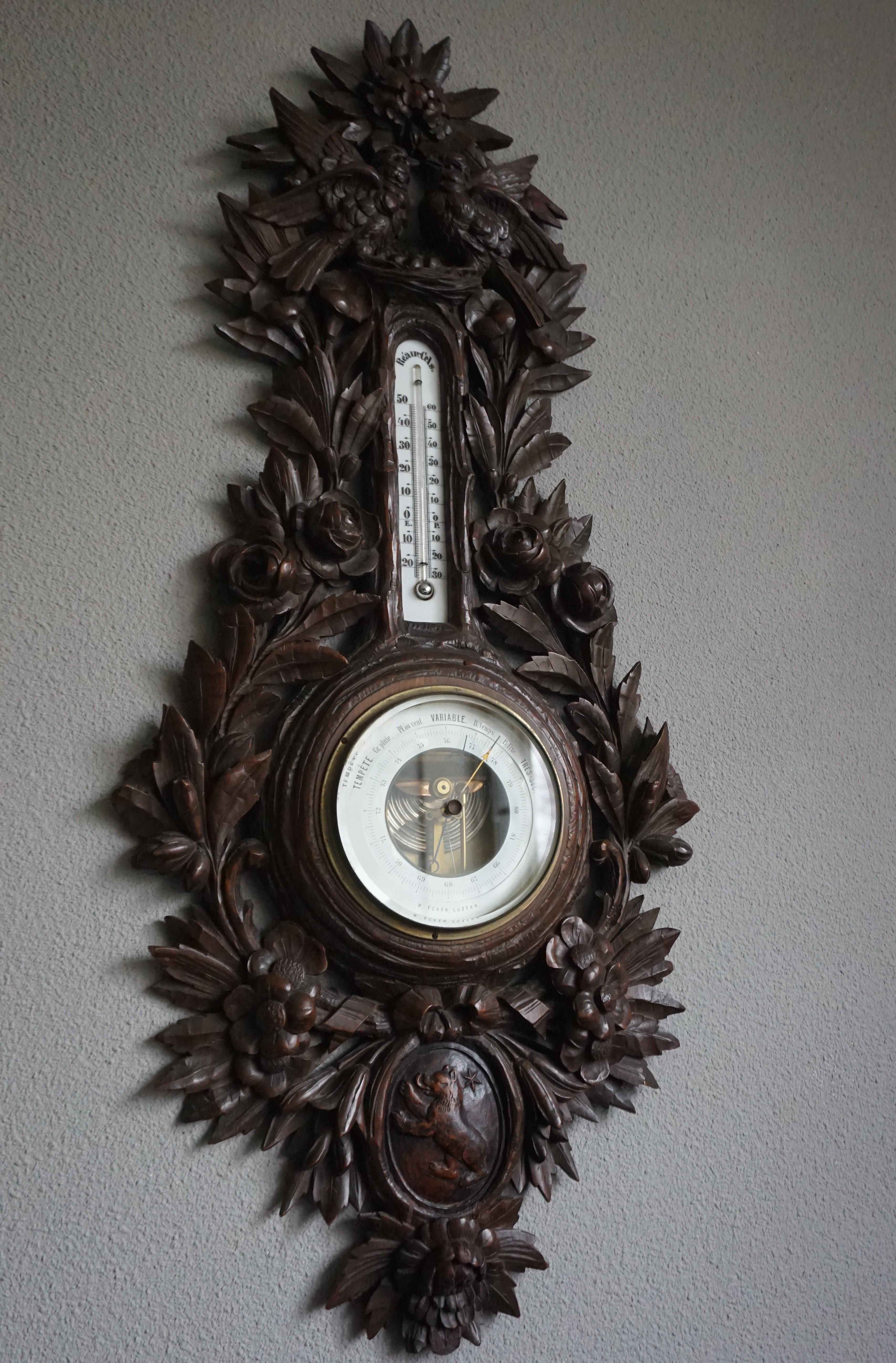 Antique Hand Carved Black Forest Barometer, Flowers ans Nesting Birds Sculptures For Sale 1