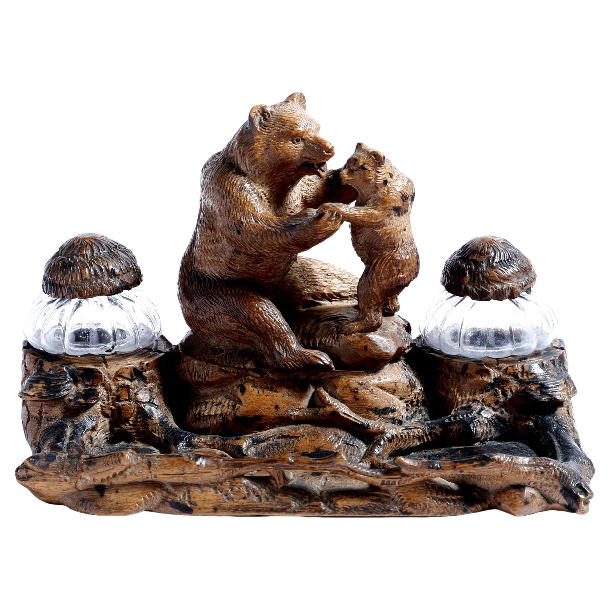 Antiguo Tintero Tallado a Mano Osos Black Forest Siglo XIX