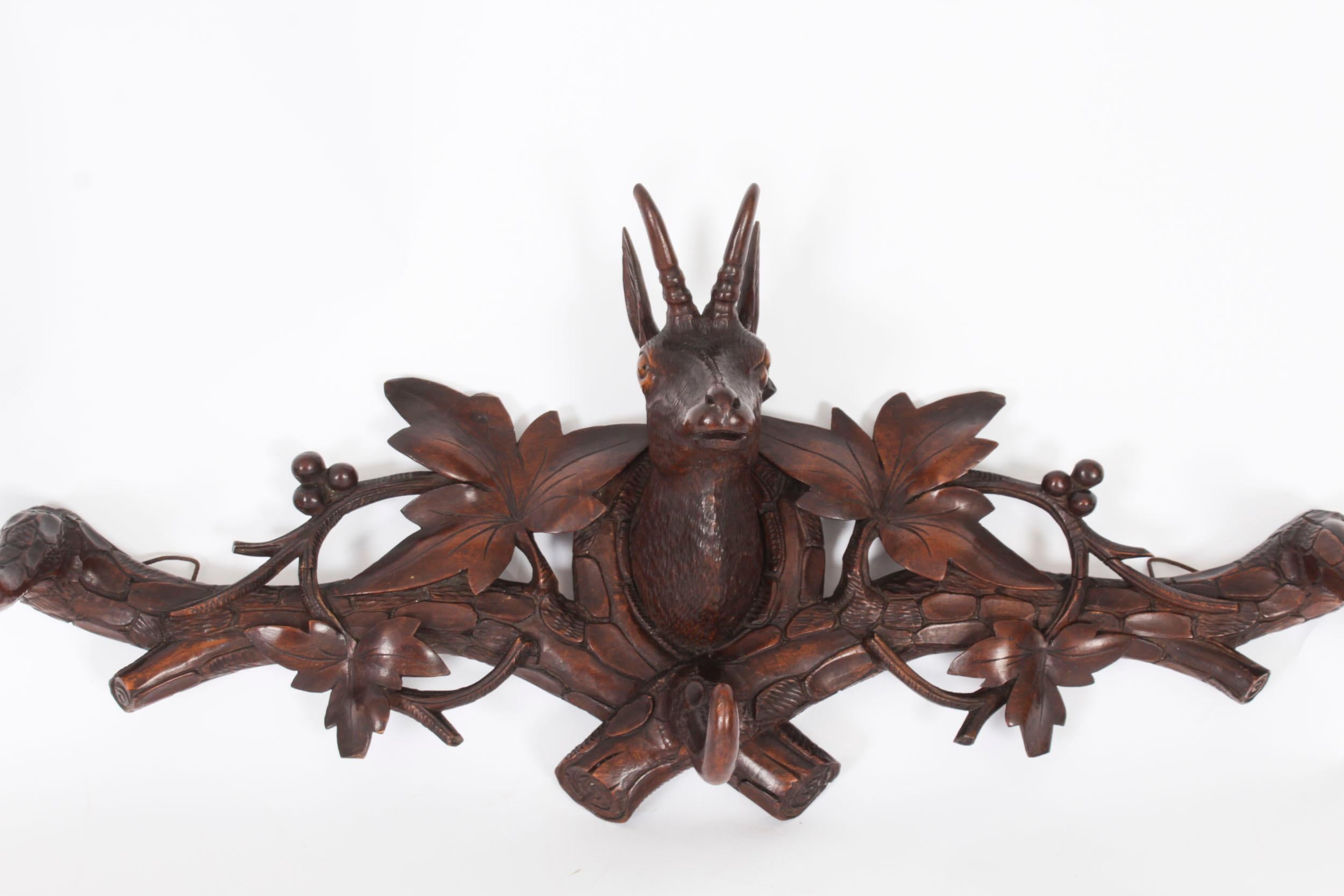English Antique Hand Carved Black Forest Deer's Head Hat & Coat Rack 19th Century For Sale