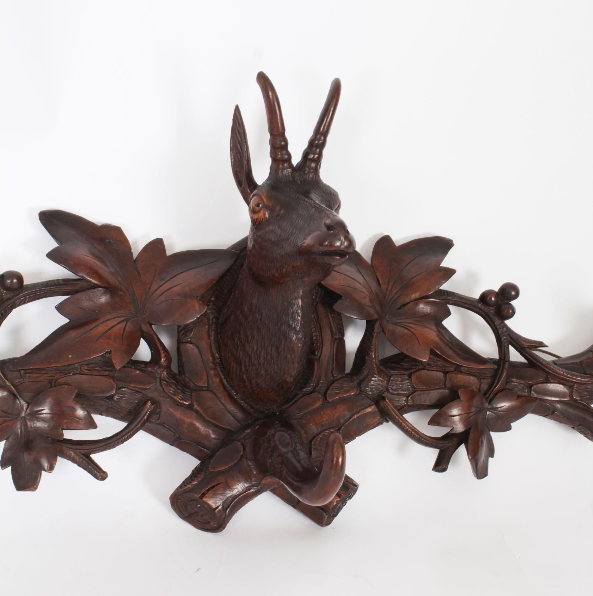 Wood Antique Hand Carved Black Forest Deer's Head Hat & Coat Rack 19th Century For Sale