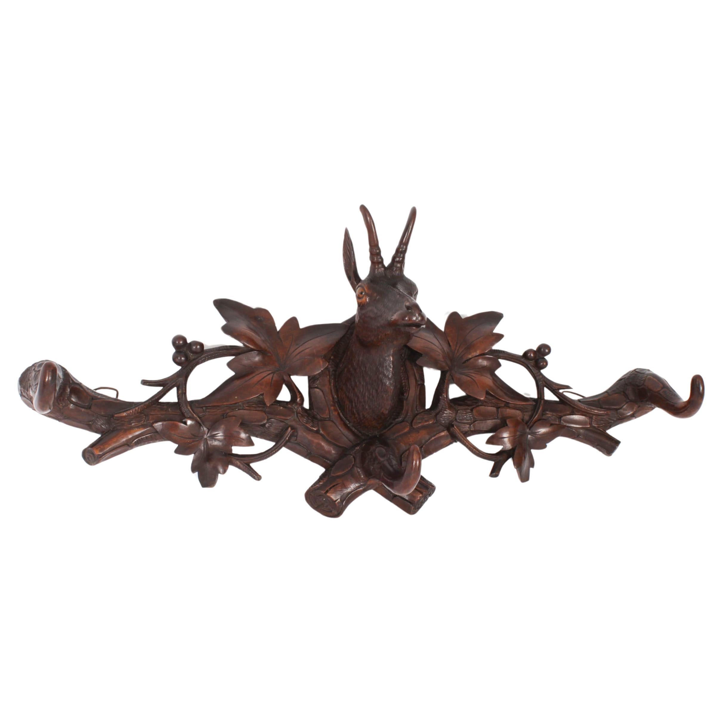 Antique Hand Carved Black Forest Deer's Head Hat & Coat Rack 19th Century For Sale