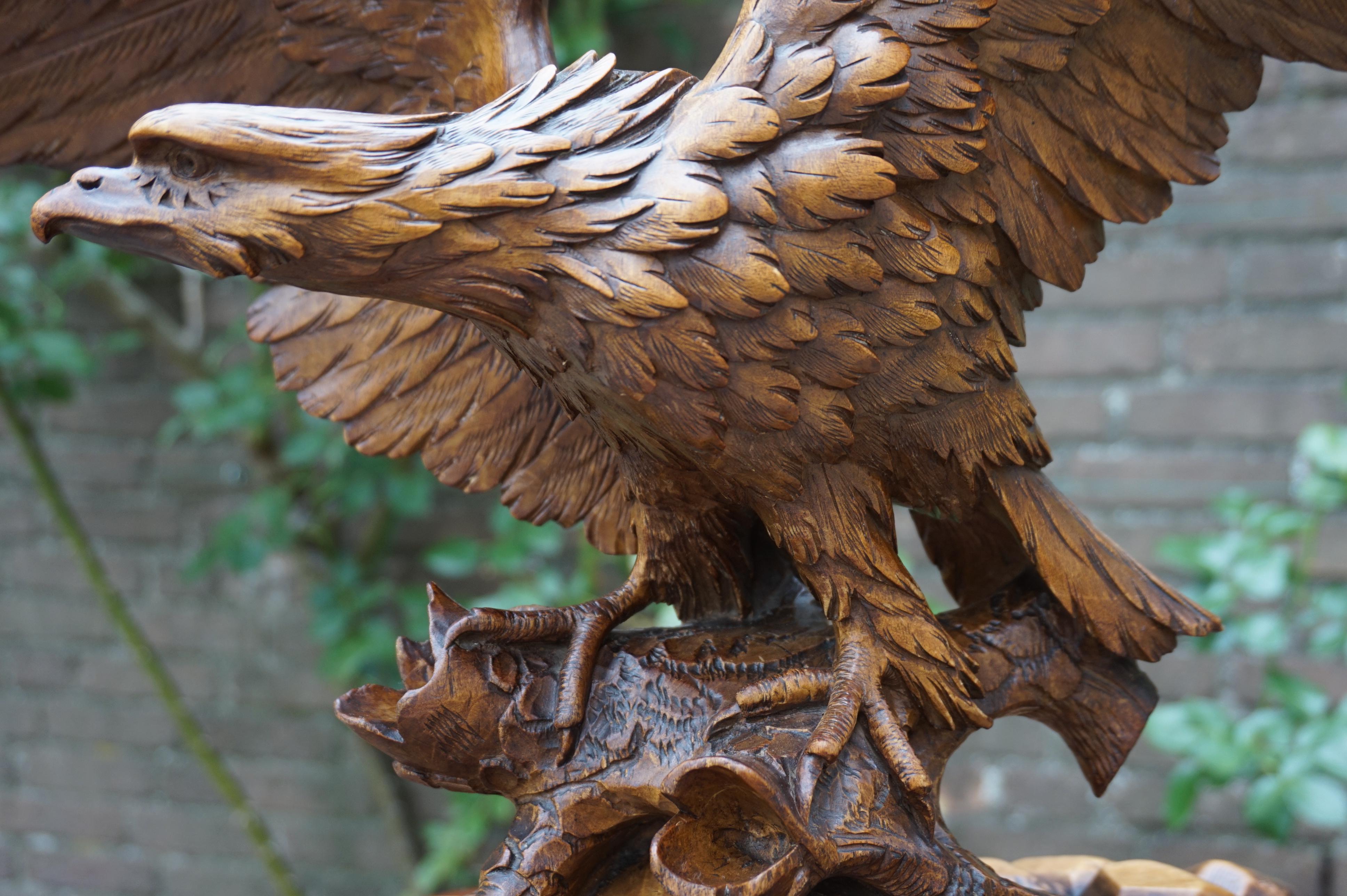 Antique Hand-Carved Black Forest Eagle, Spread Wings on Tree Trunk Sculpture 3