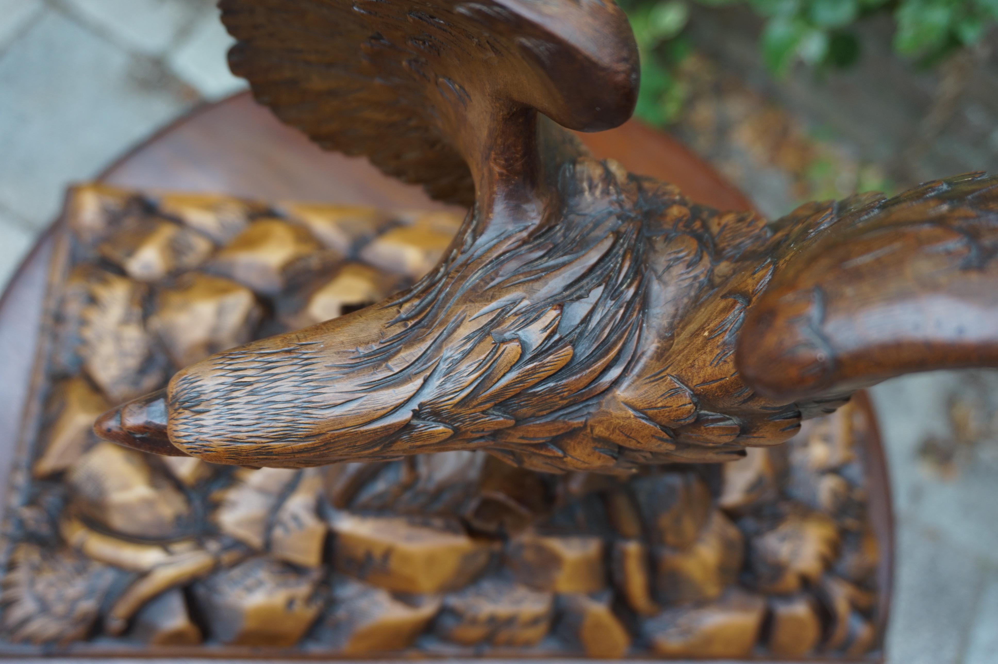 Antique Hand-Carved Black Forest Eagle, Spread Wings on Tree Trunk Sculpture 4