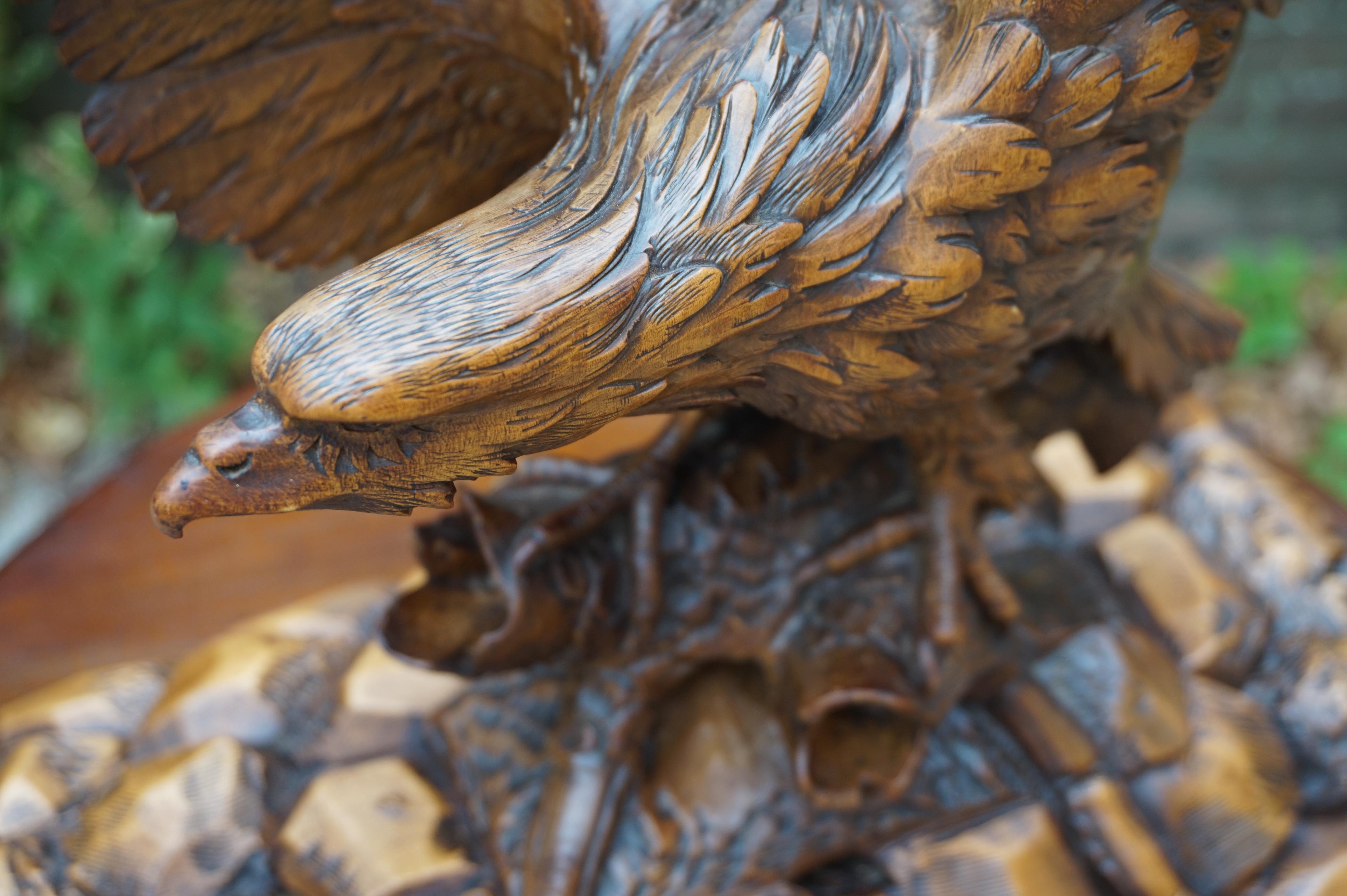 Antique Hand-Carved Black Forest Eagle, Spread Wings on Tree Trunk Sculpture 5