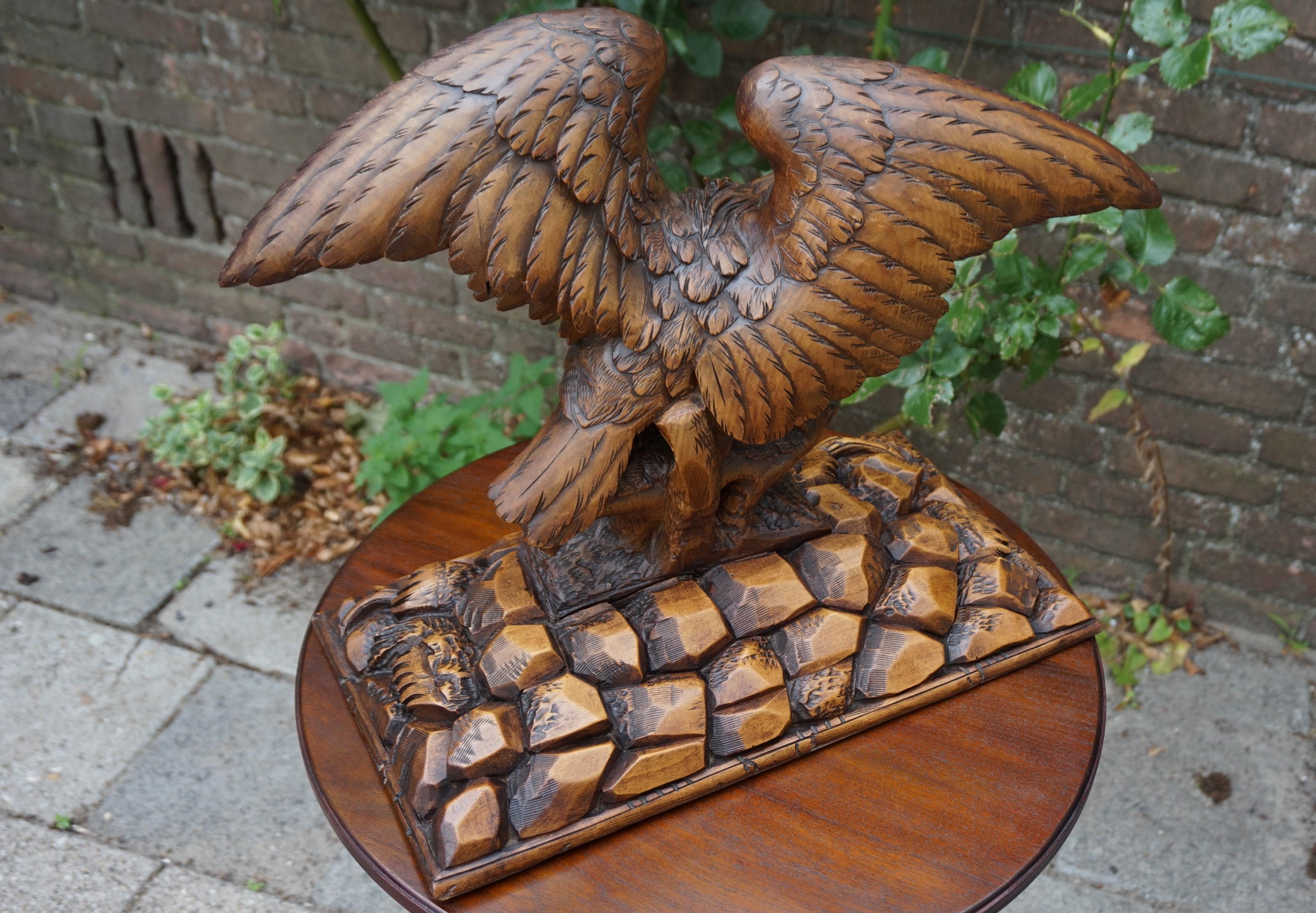 Antique Hand-Carved Black Forest Eagle, Spread Wings on Tree Trunk Sculpture 6