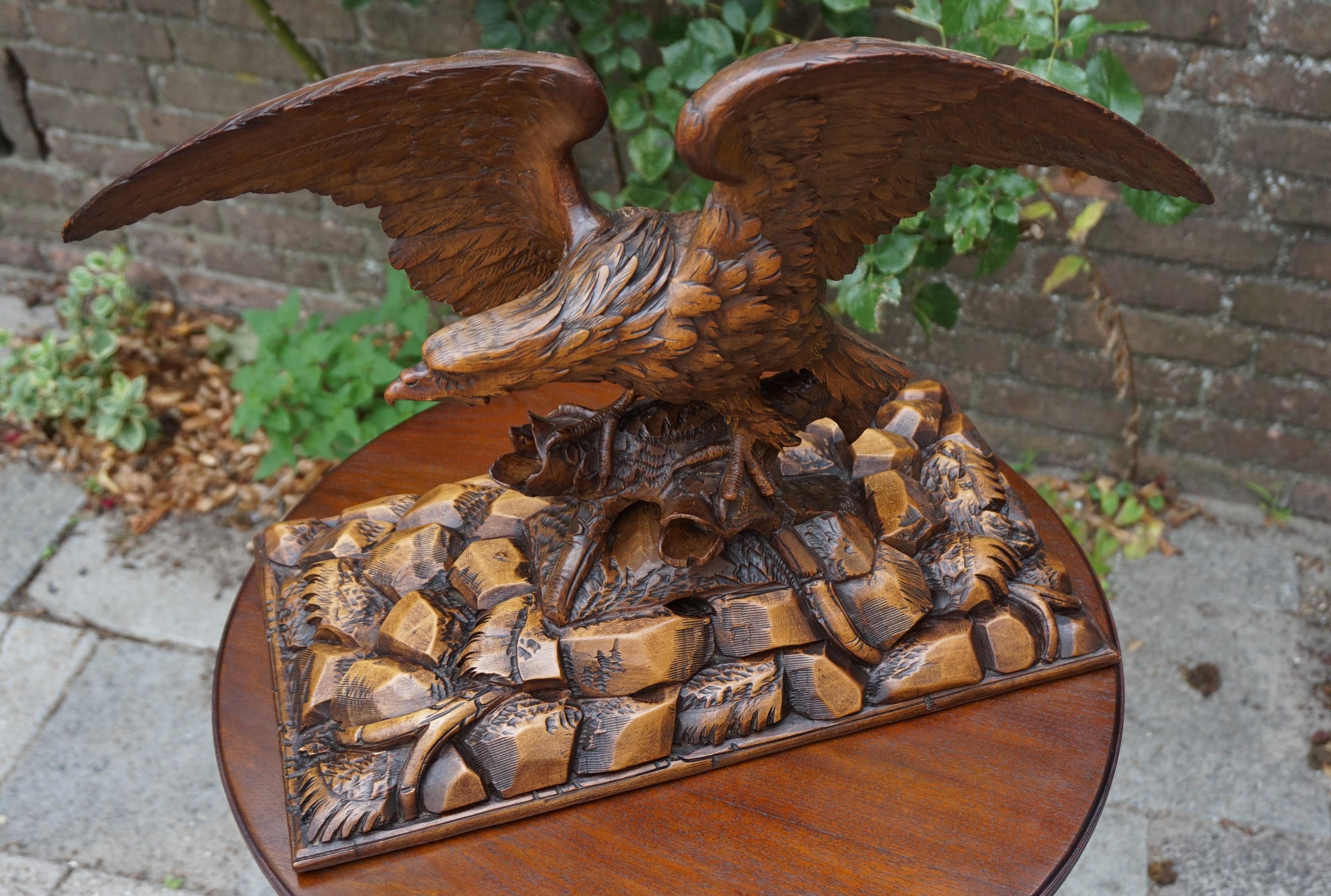 Antique Hand-Carved Black Forest Eagle, Spread Wings on Tree Trunk Sculpture 7