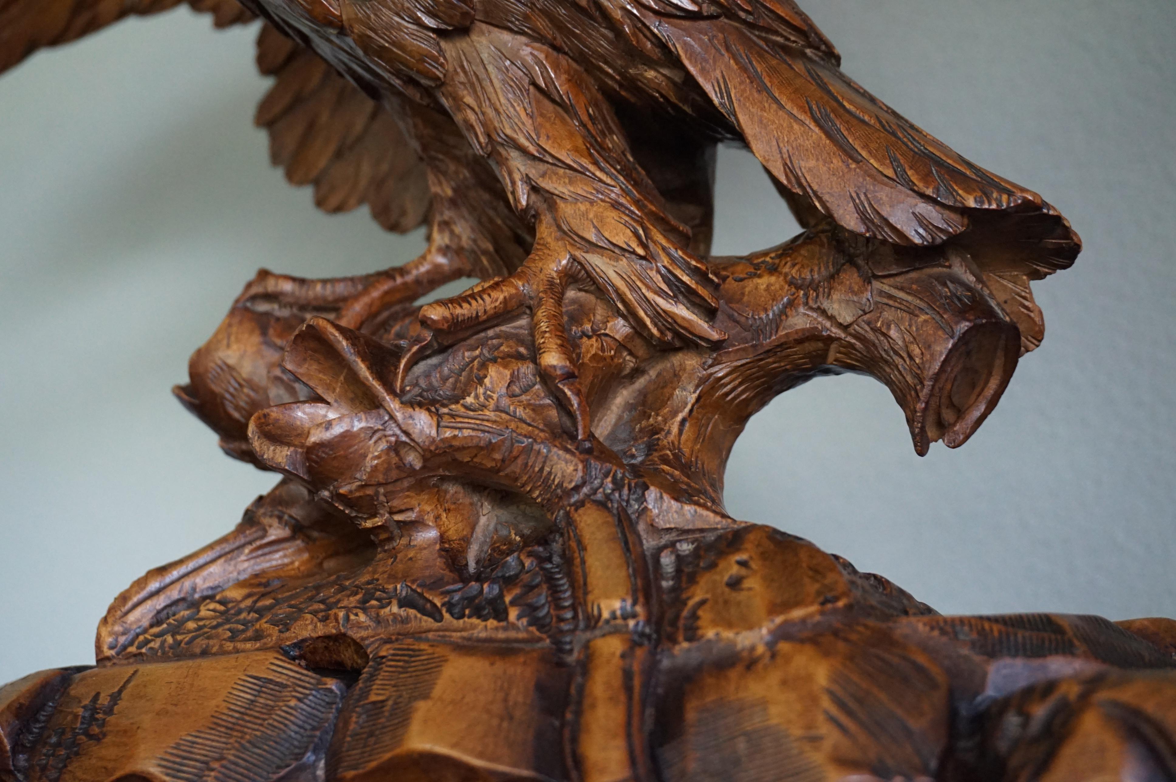 Antique Hand-Carved Black Forest Eagle, Spread Wings on Tree Trunk Sculpture 10