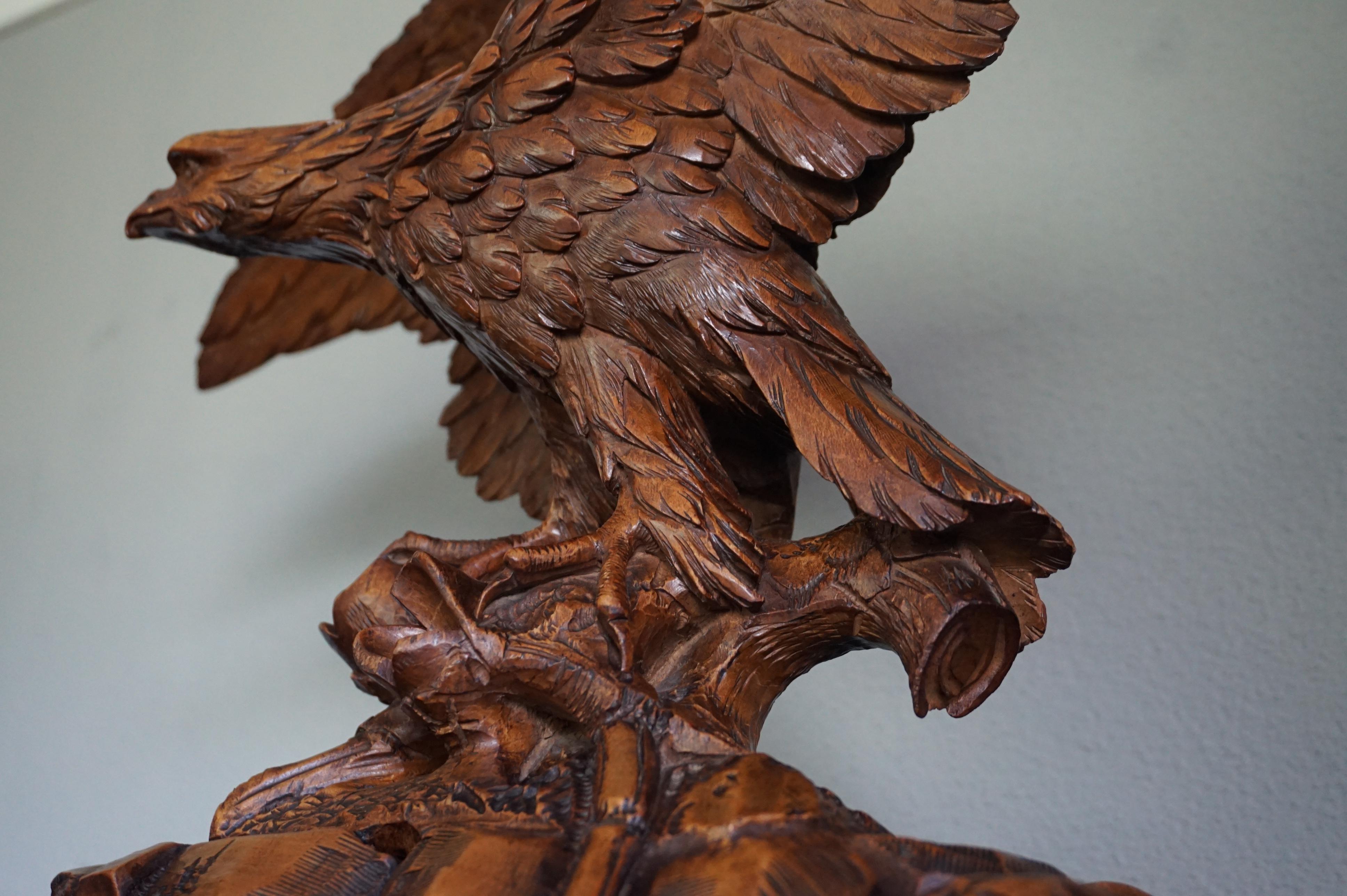 Antique Hand-Carved Black Forest Eagle, Spread Wings on Tree Trunk Sculpture 11