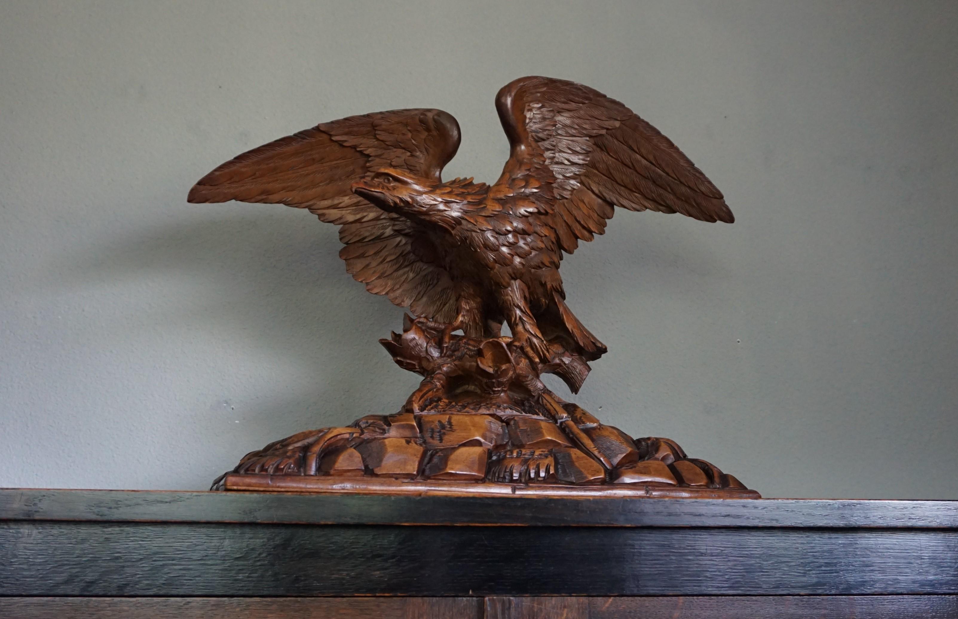Antique Hand-Carved Black Forest Eagle, Spread Wings on Tree Trunk Sculpture 12