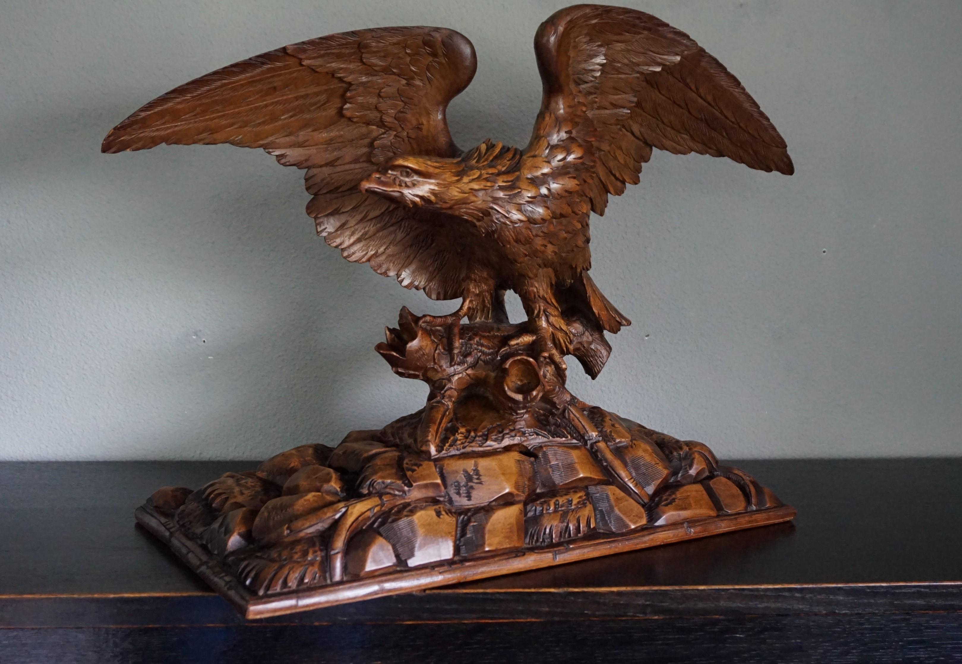 Lifelike and good size Swiss Black Forest sculpture.

For the collectors of Black Forest works of art in general and of majestic eagle sculptures in particular we are offering this top quality carved, 19th century sculpture. Currently there is not a