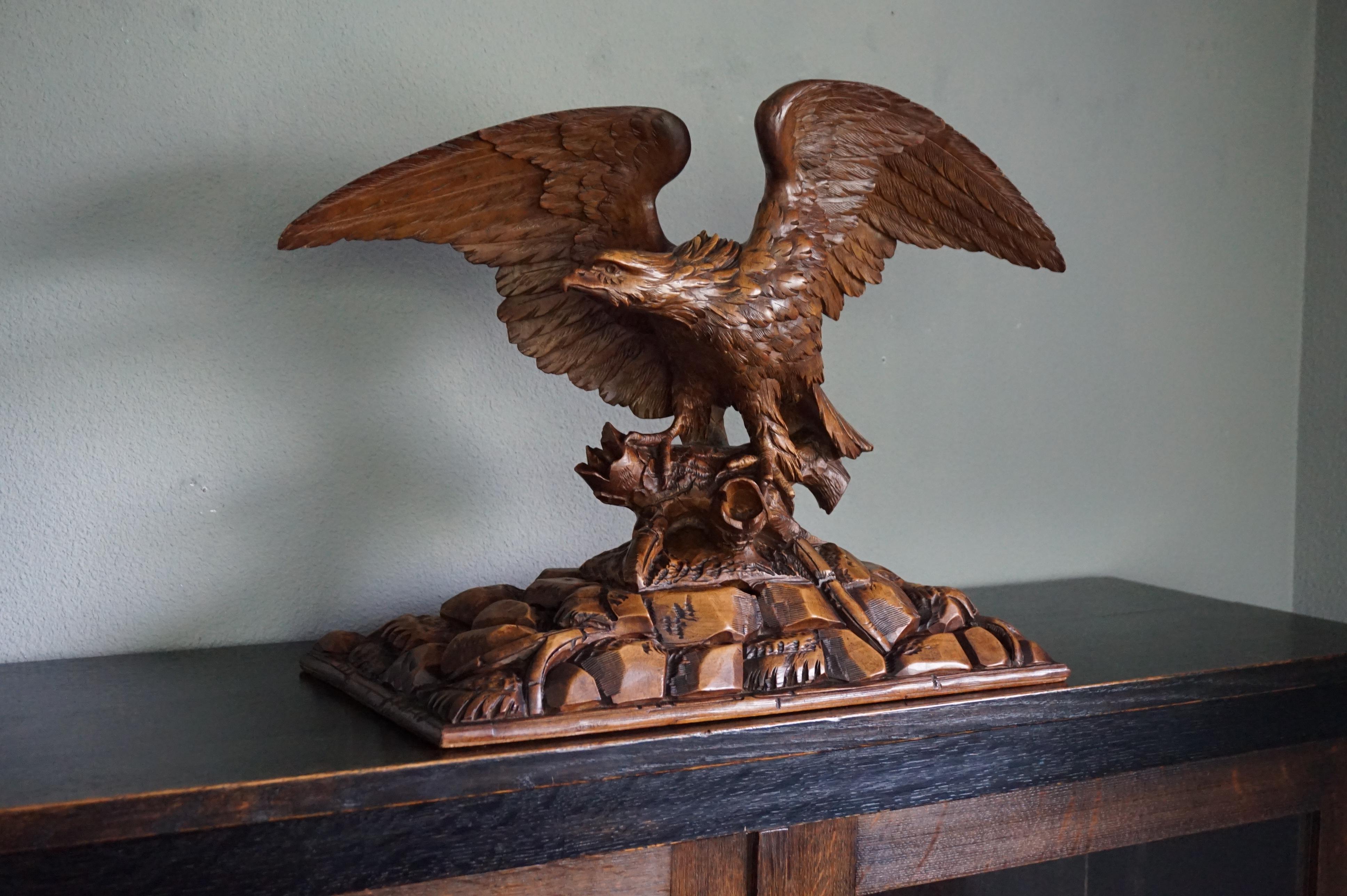 Antique Hand-Carved Black Forest Eagle, Spread Wings on Tree Trunk Sculpture 13