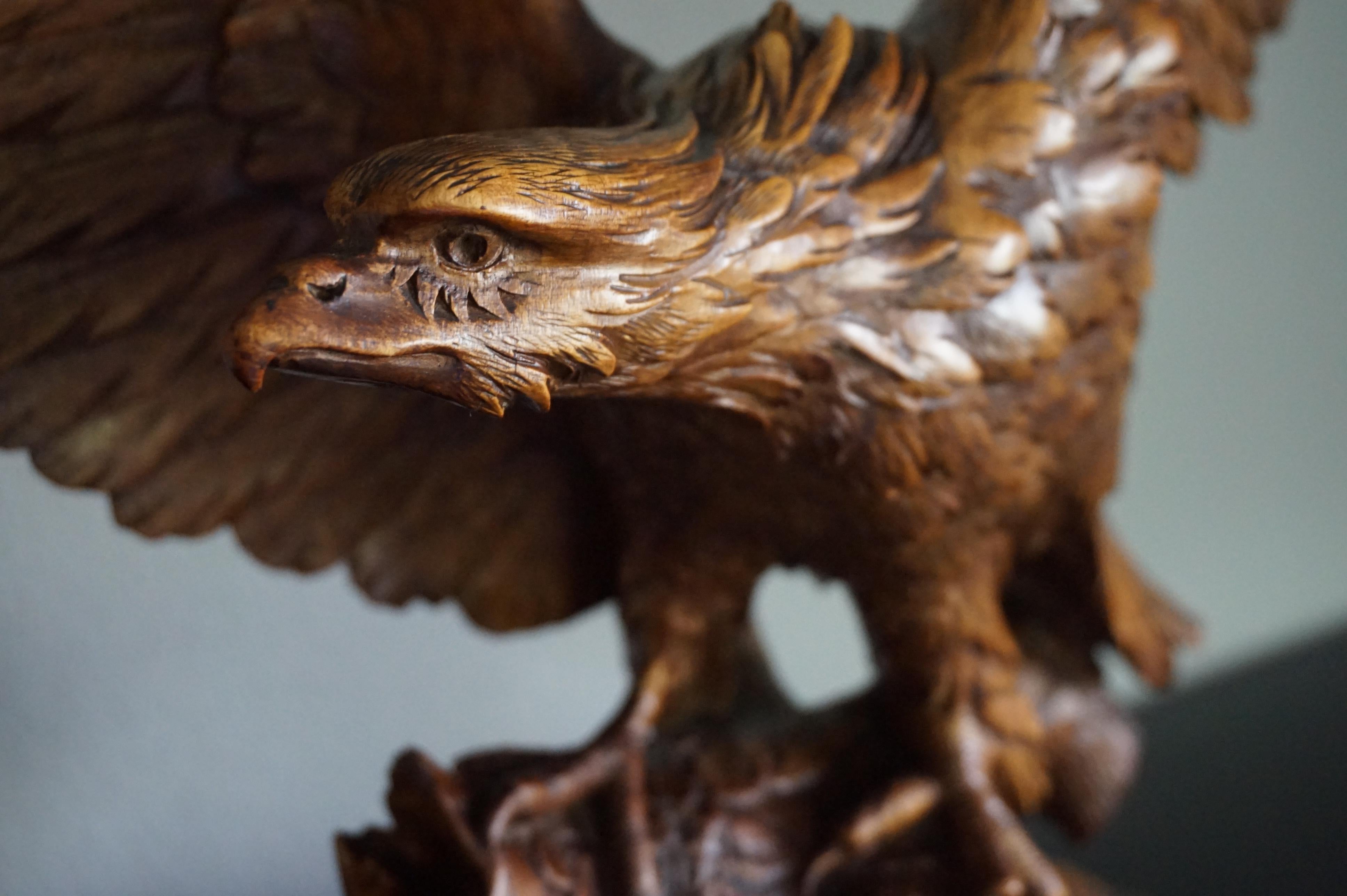 19th Century Antique Hand-Carved Black Forest Eagle, Spread Wings on Tree Trunk Sculpture
