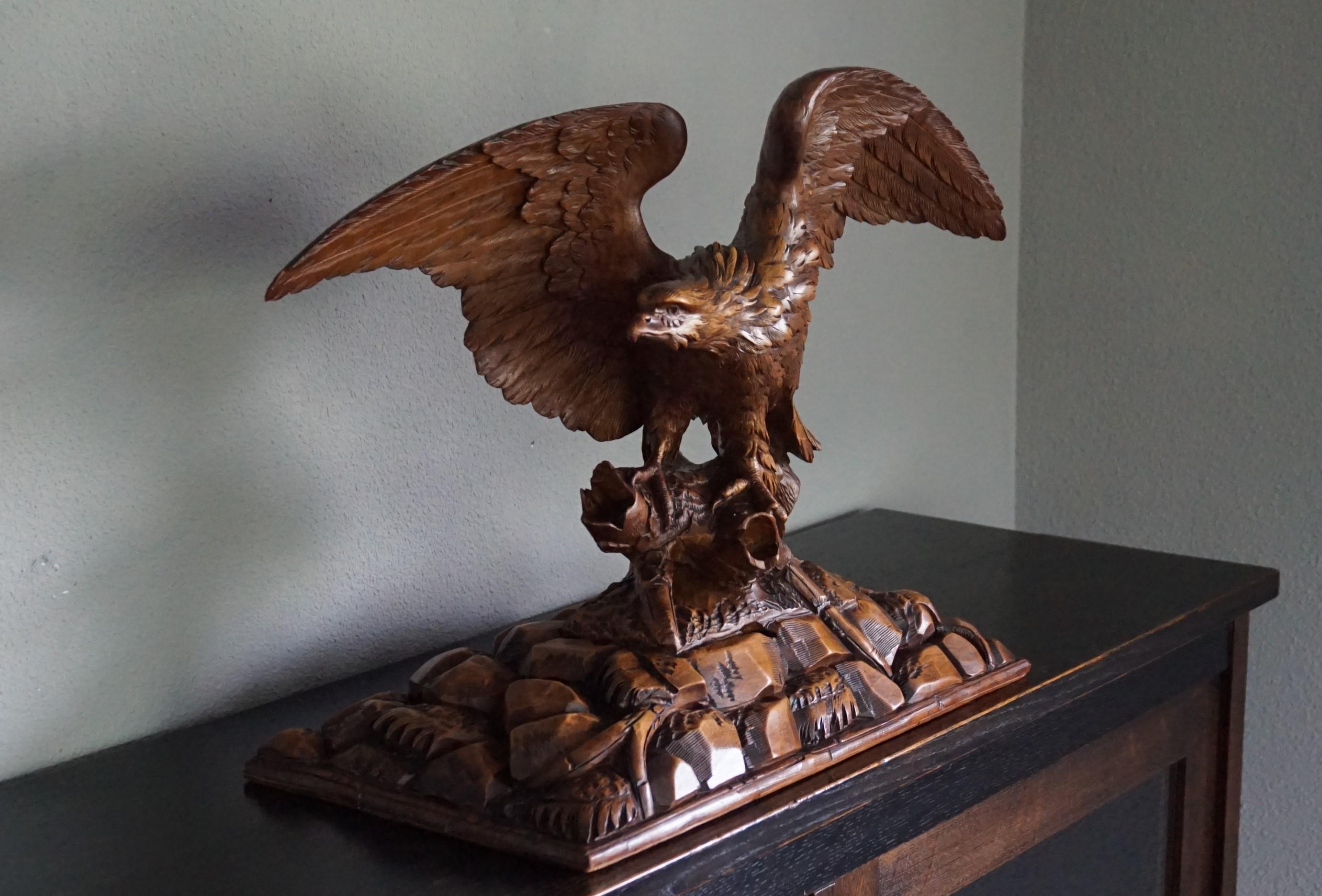 Wood Antique Hand-Carved Black Forest Eagle, Spread Wings on Tree Trunk Sculpture