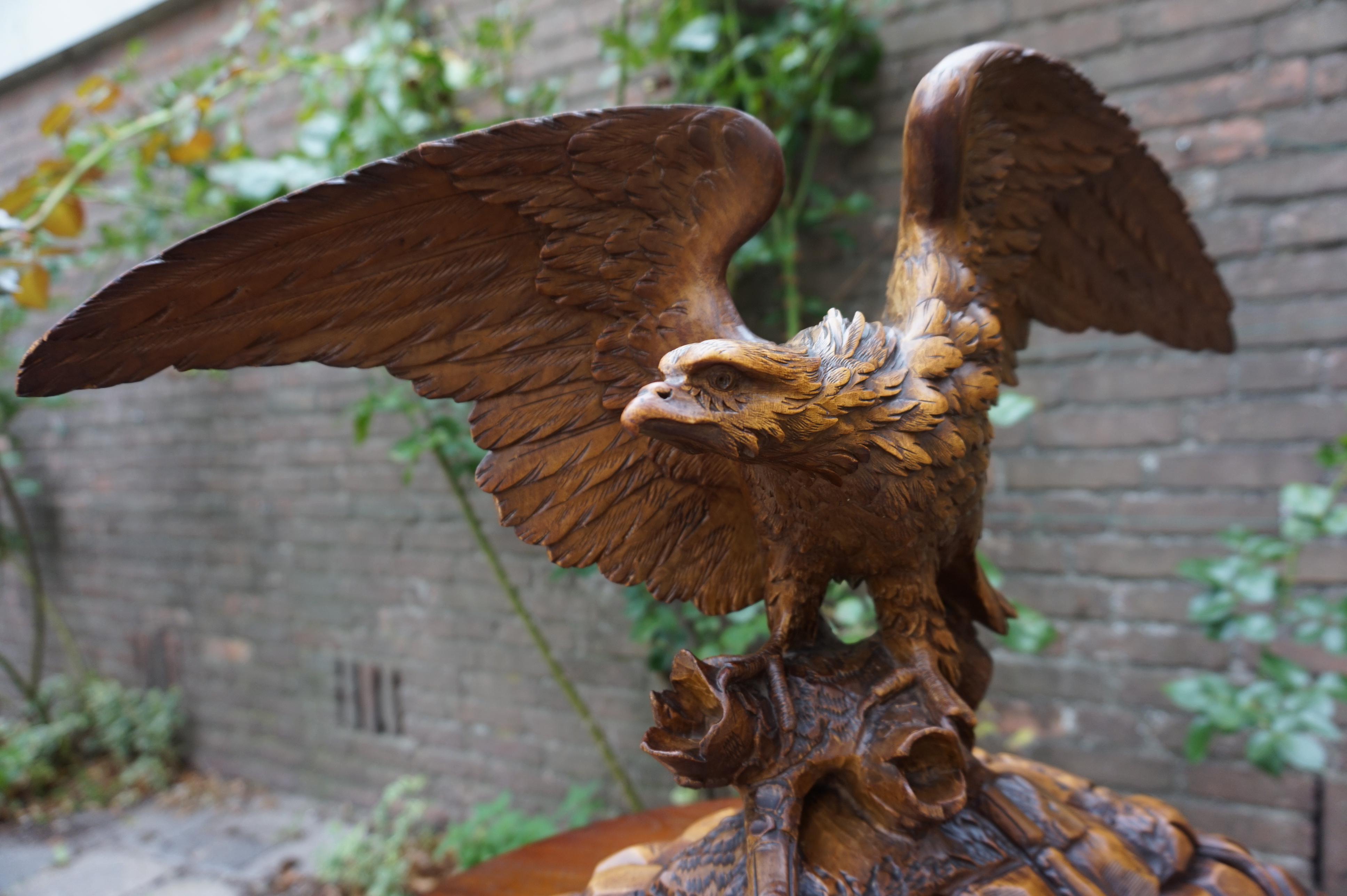 Antique Hand-Carved Black Forest Eagle, Spread Wings on Tree Trunk Sculpture 1