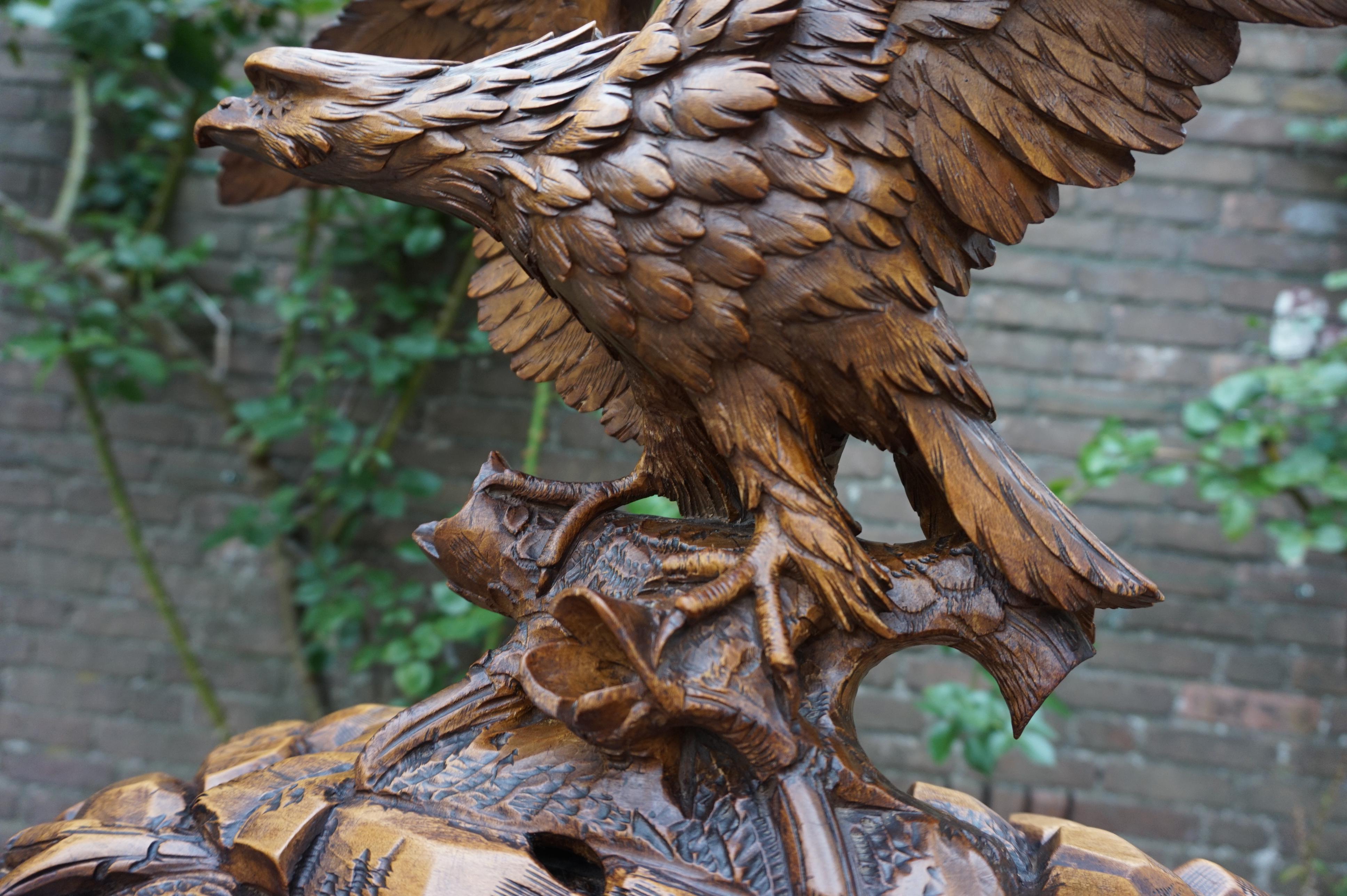 Antique Hand-Carved Black Forest Eagle, Spread Wings on Tree Trunk Sculpture 2