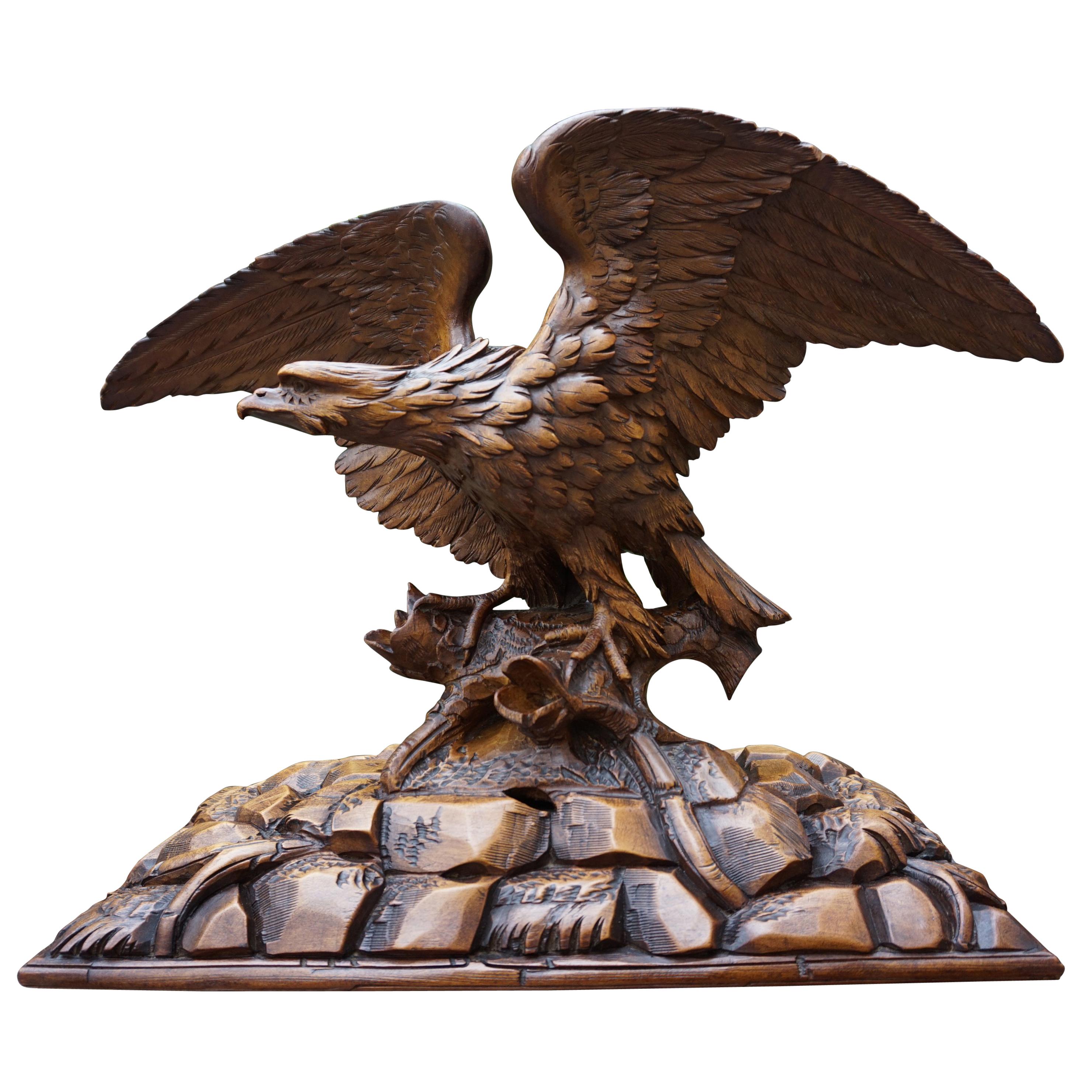 Antique Hand-Carved Black Forest Eagle, Spread Wings on Tree Trunk Sculpture