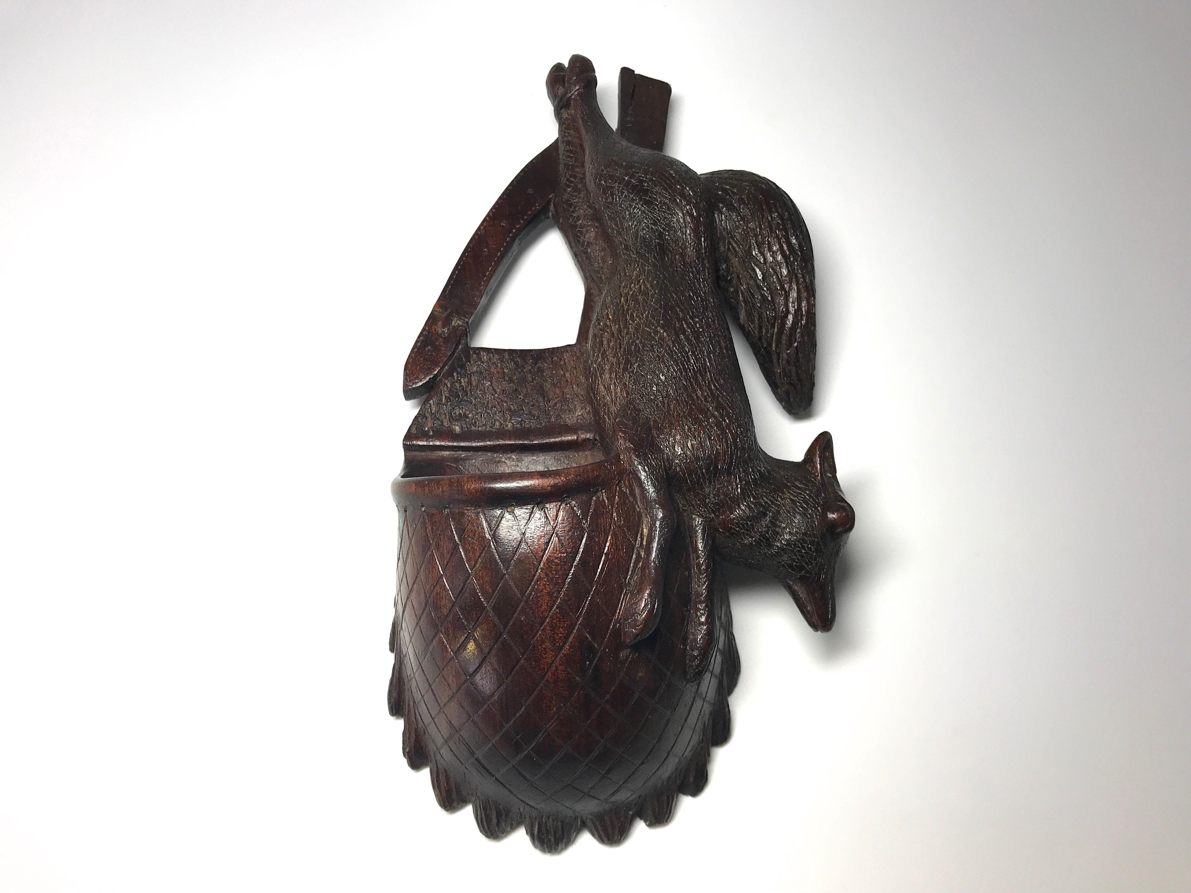 Hand-Carved Antique Hand Carved Black Forest Game Hunter's Bag with Fox, Wall Pocket, 1920's