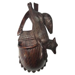 Antique Hand Carved Black Forest Game Hunter
s Bag with Fox, Wall Pocket, 1920
s