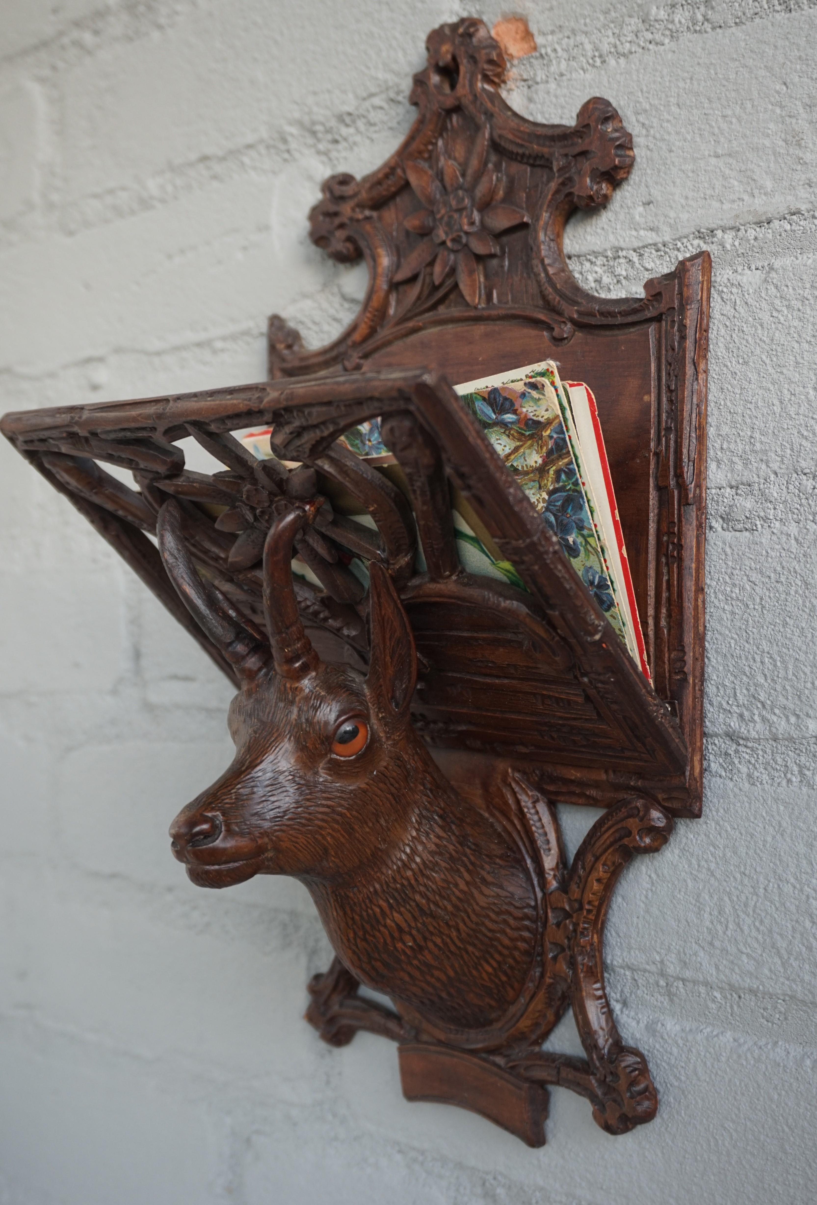 Antique Hand Carved Black Forest Ibex Sculpture Letter Rack for Wall Mounting 9