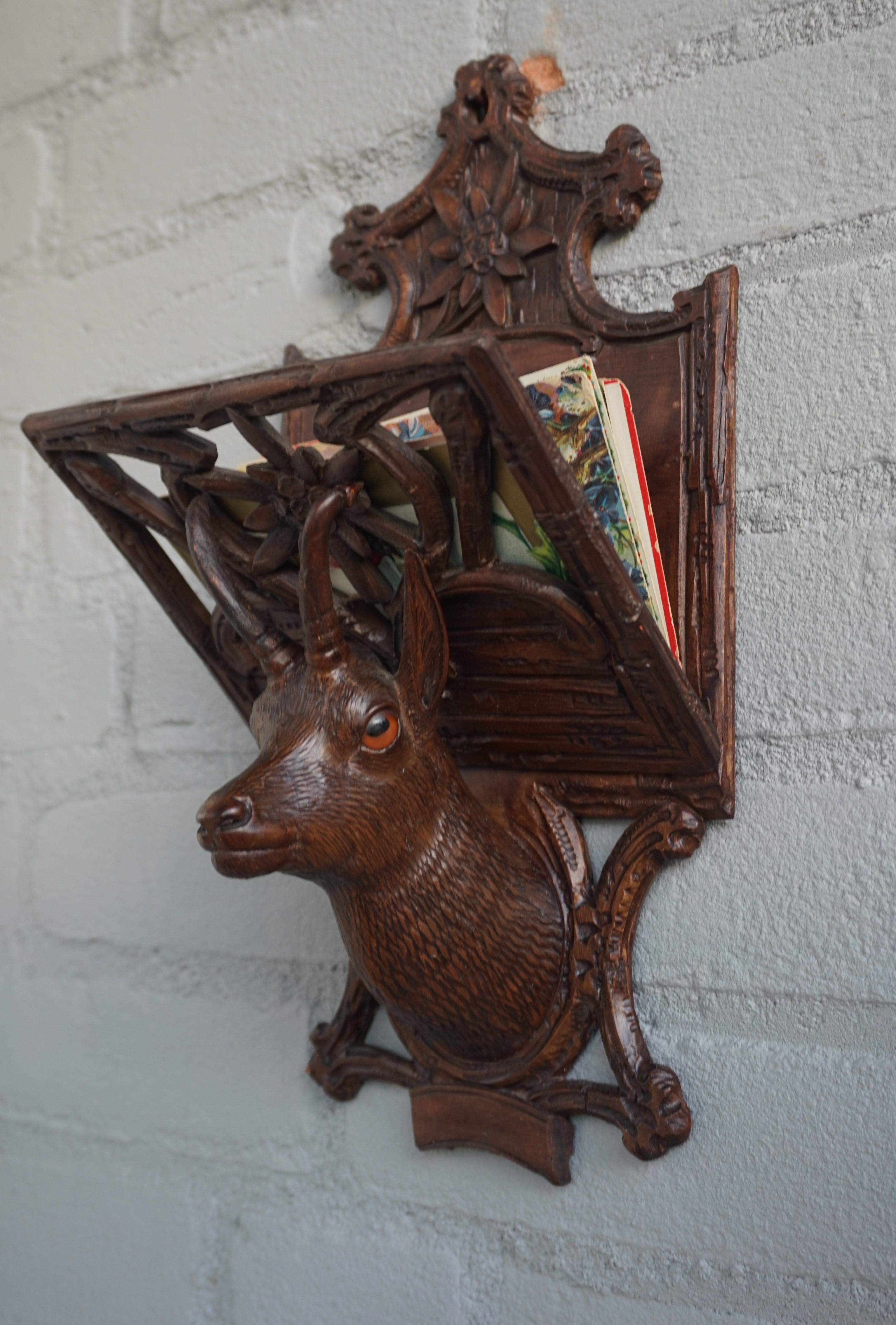 Antique Hand Carved Black Forest Ibex Sculpture Letter Rack for Wall Mounting 11