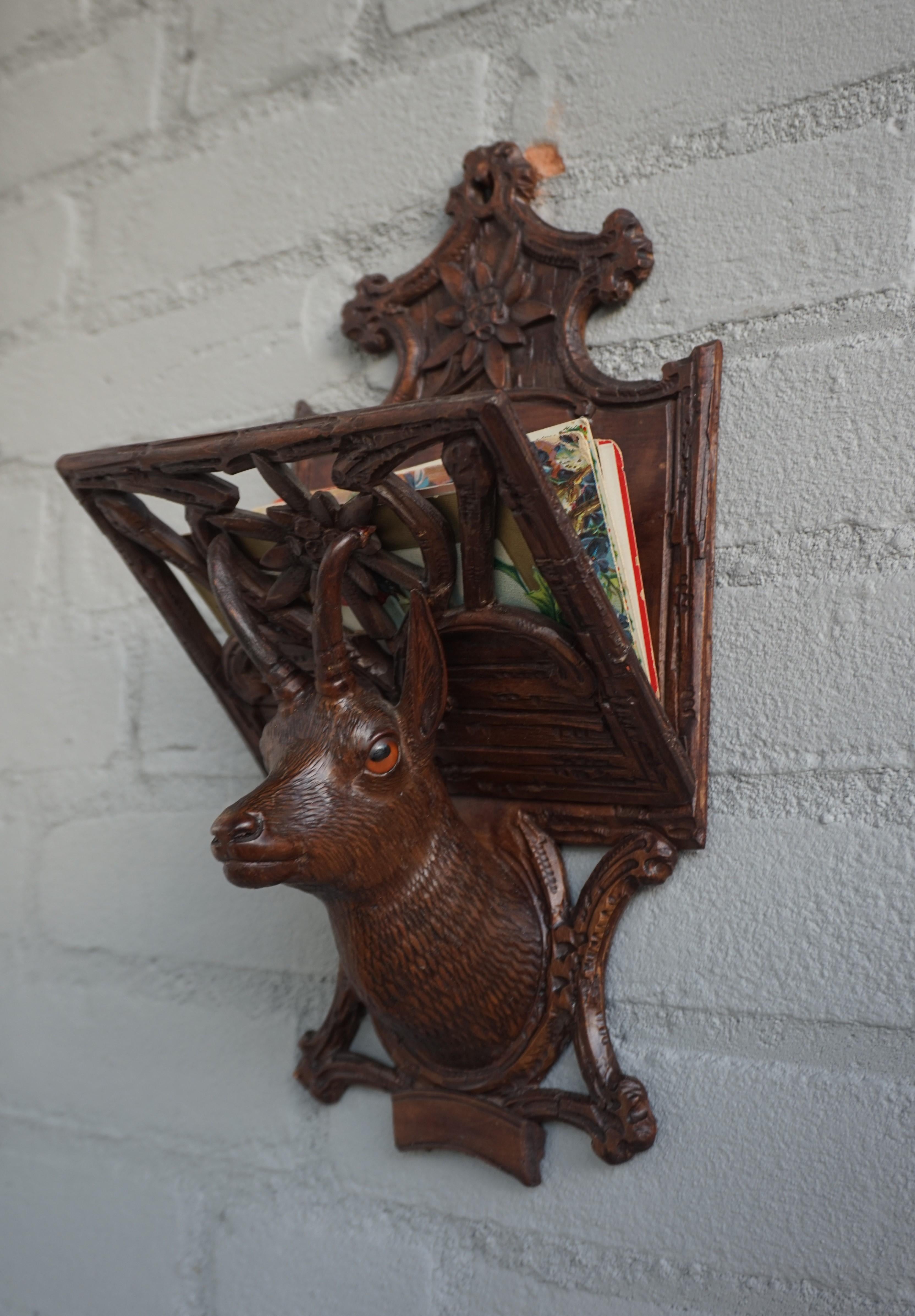 Swiss Antique Hand Carved Black Forest Ibex Sculpture Letter Rack for Wall Mounting