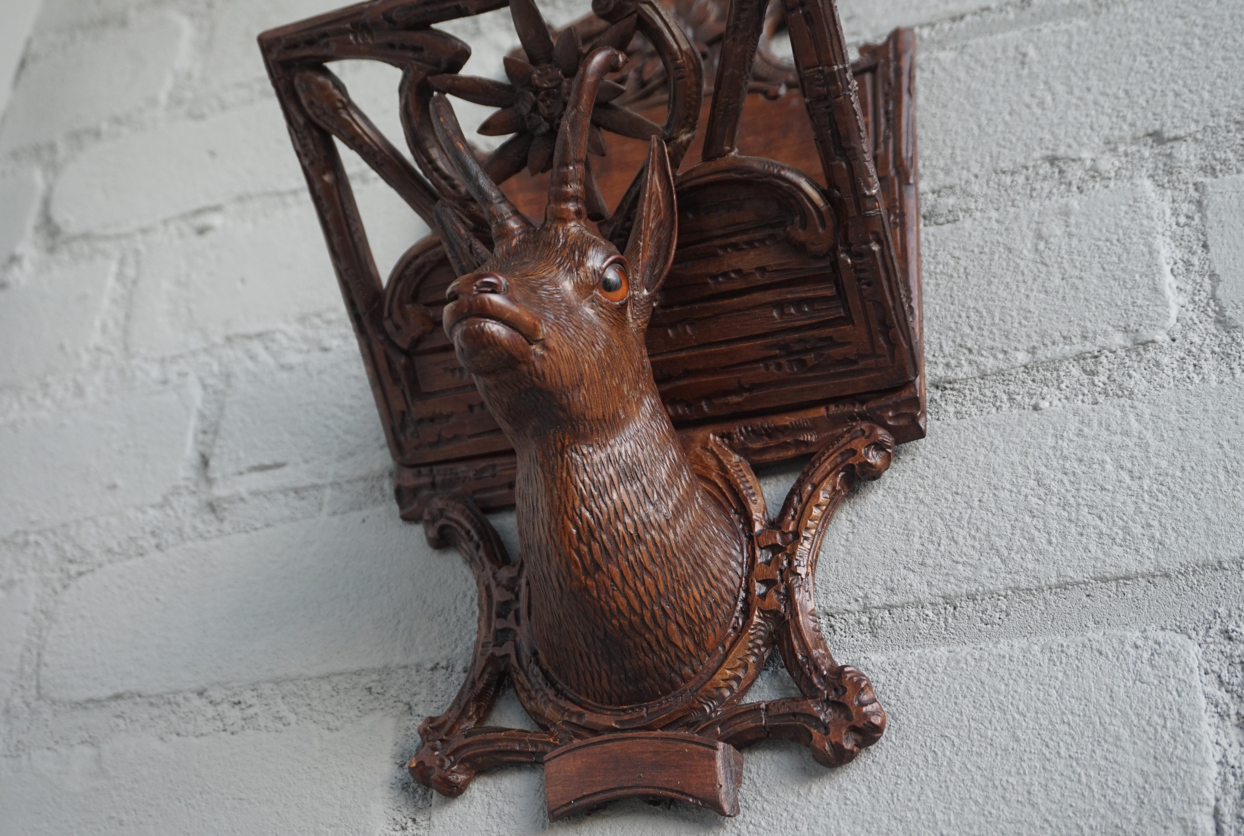 Hand-Carved Antique Hand Carved Black Forest Ibex Sculpture Letter Rack for Wall Mounting