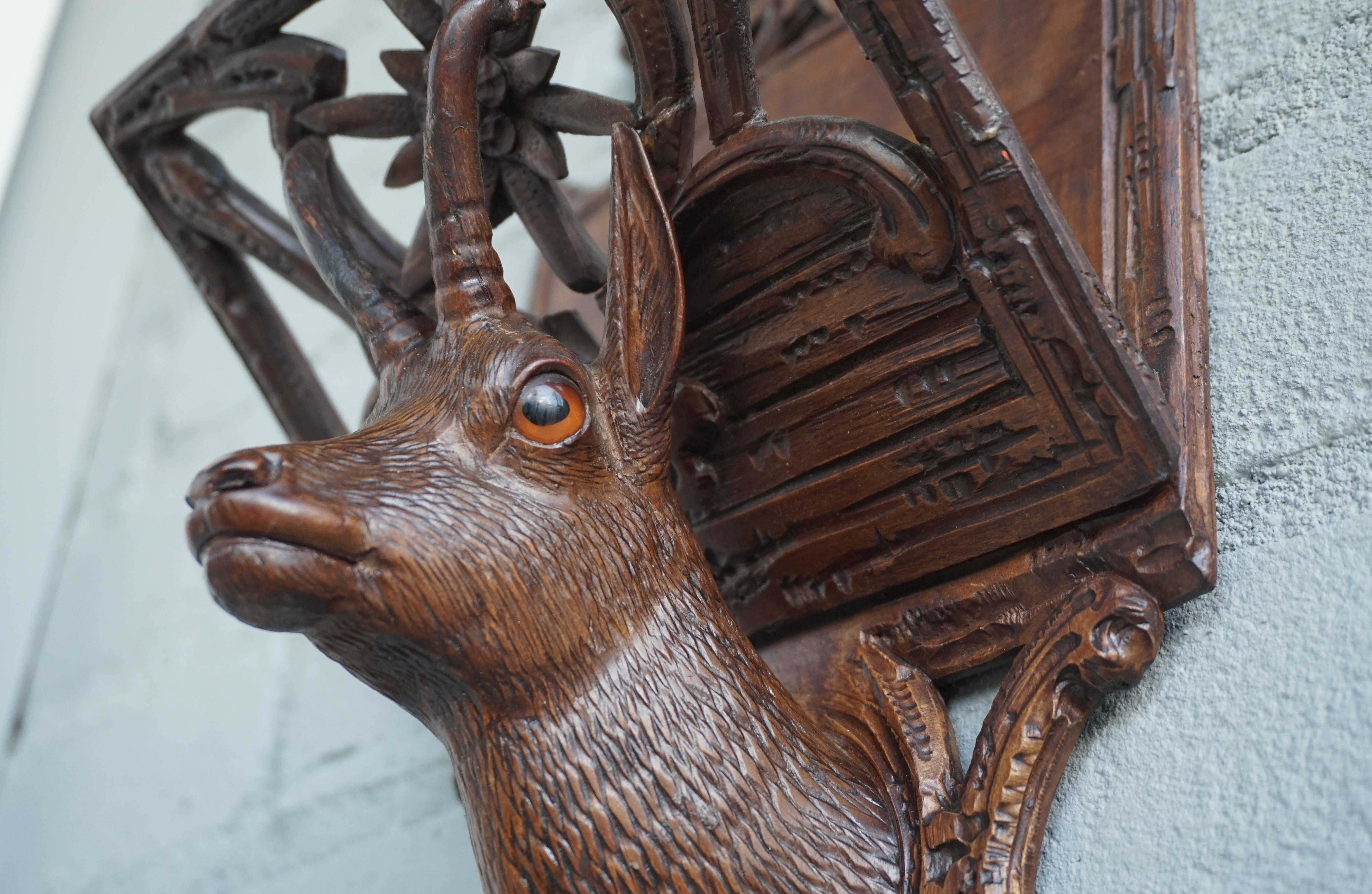 Antique Hand Carved Black Forest Ibex Sculpture Letter Rack for Wall Mounting In Good Condition In Lisse, NL