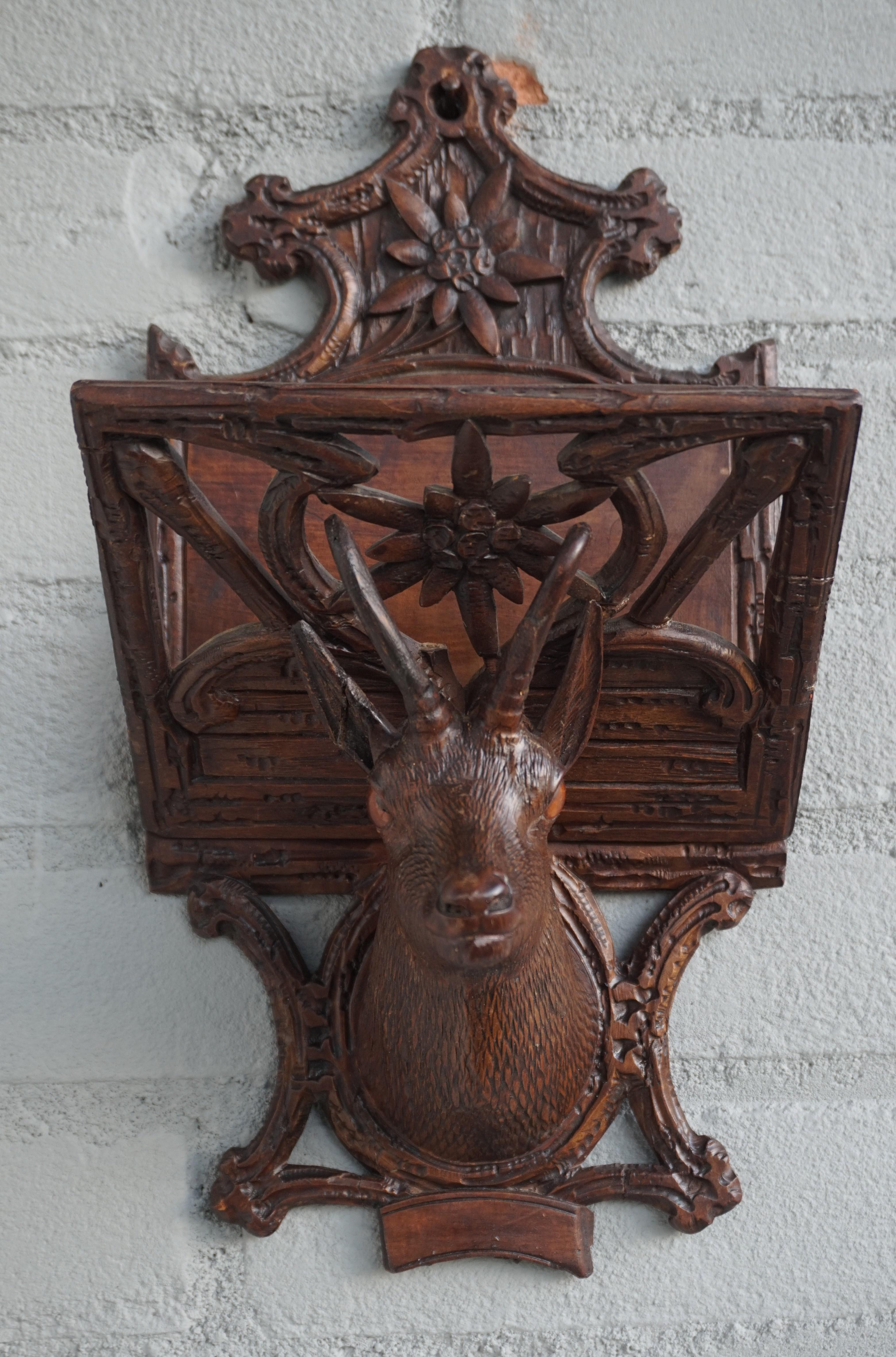 20th Century Antique Hand Carved Black Forest Ibex Sculpture Letter Rack for Wall Mounting