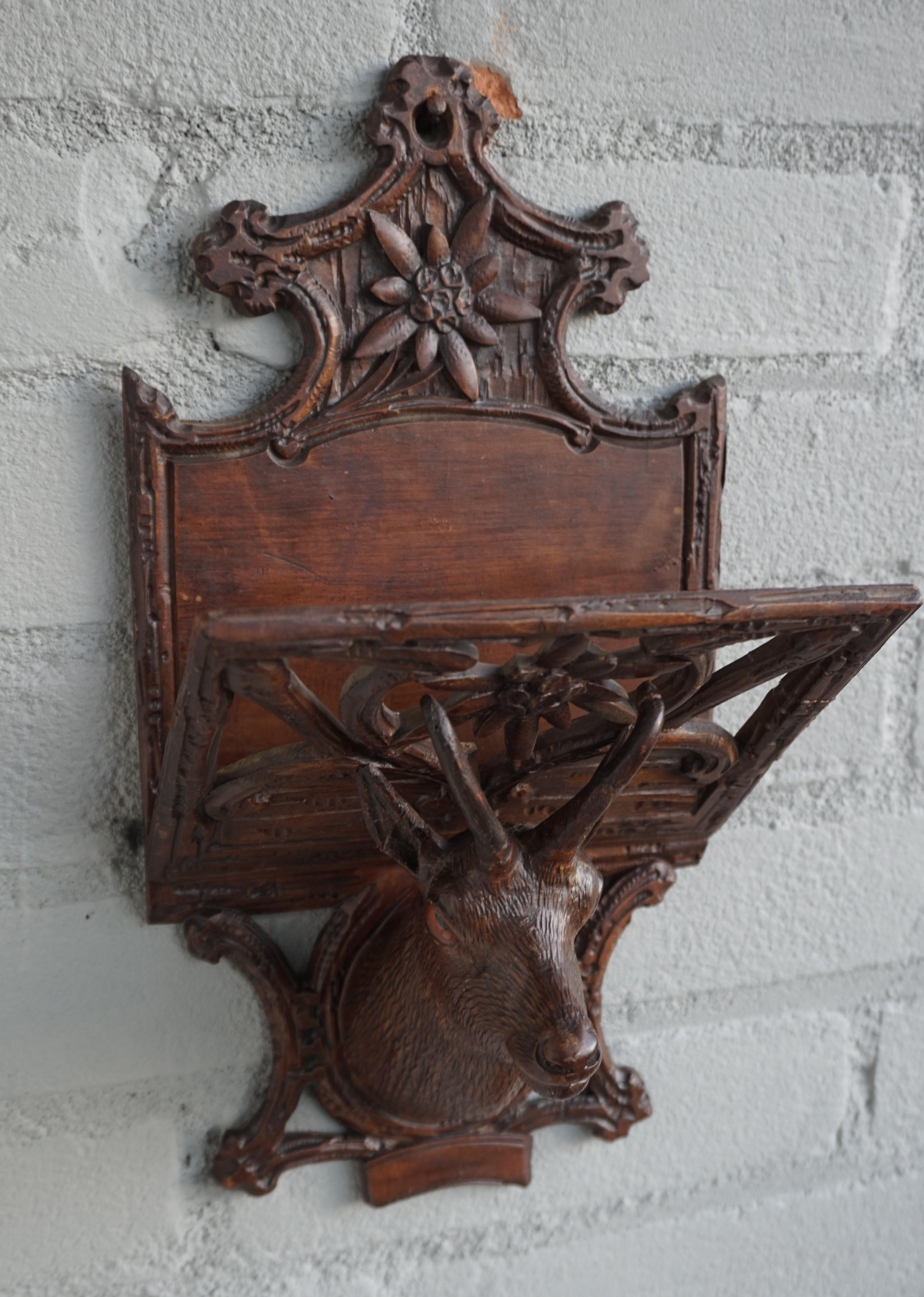 Glass Antique Hand Carved Black Forest Ibex Sculpture Letter Rack for Wall Mounting