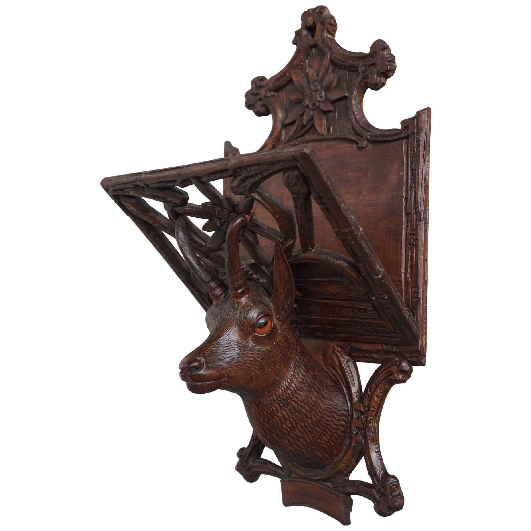 Antique Hand Carved Black Forest Ibex Sculpture Letter Rack for Wall Mounting
