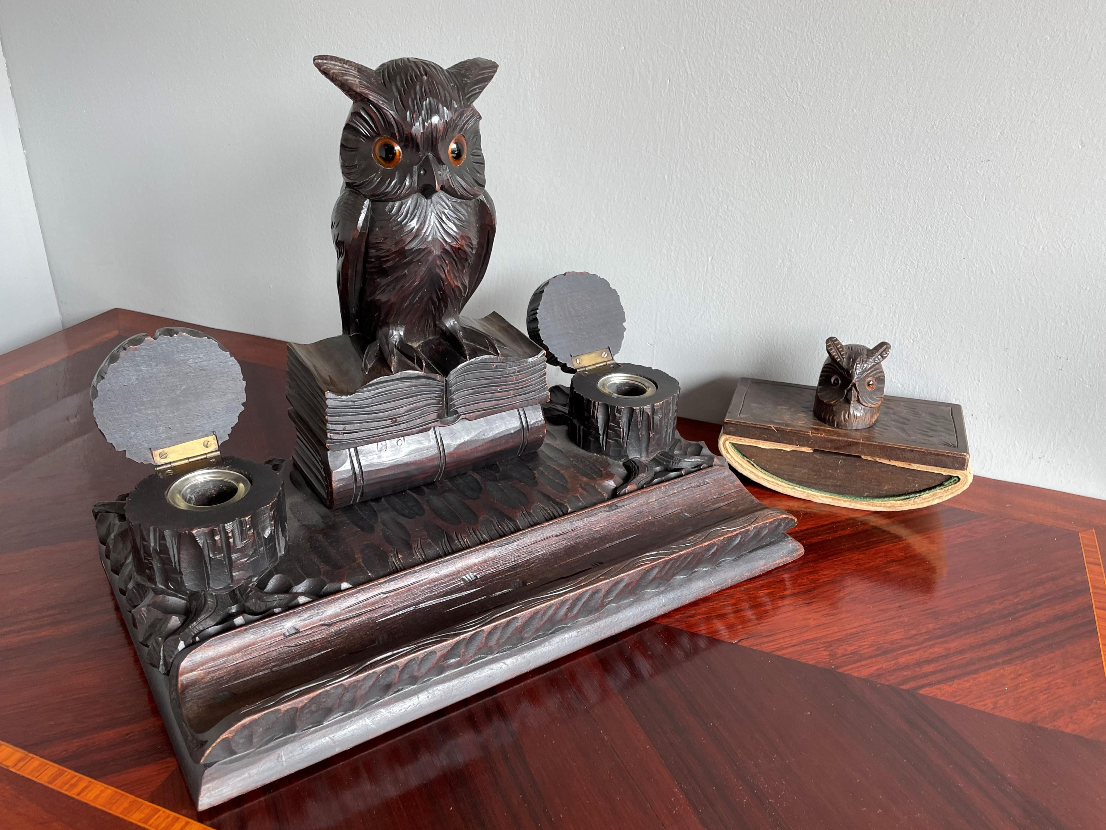 Antique Hand Carved Black Forest Inkstand with Owl on Books Sculpture & Inkwells 3