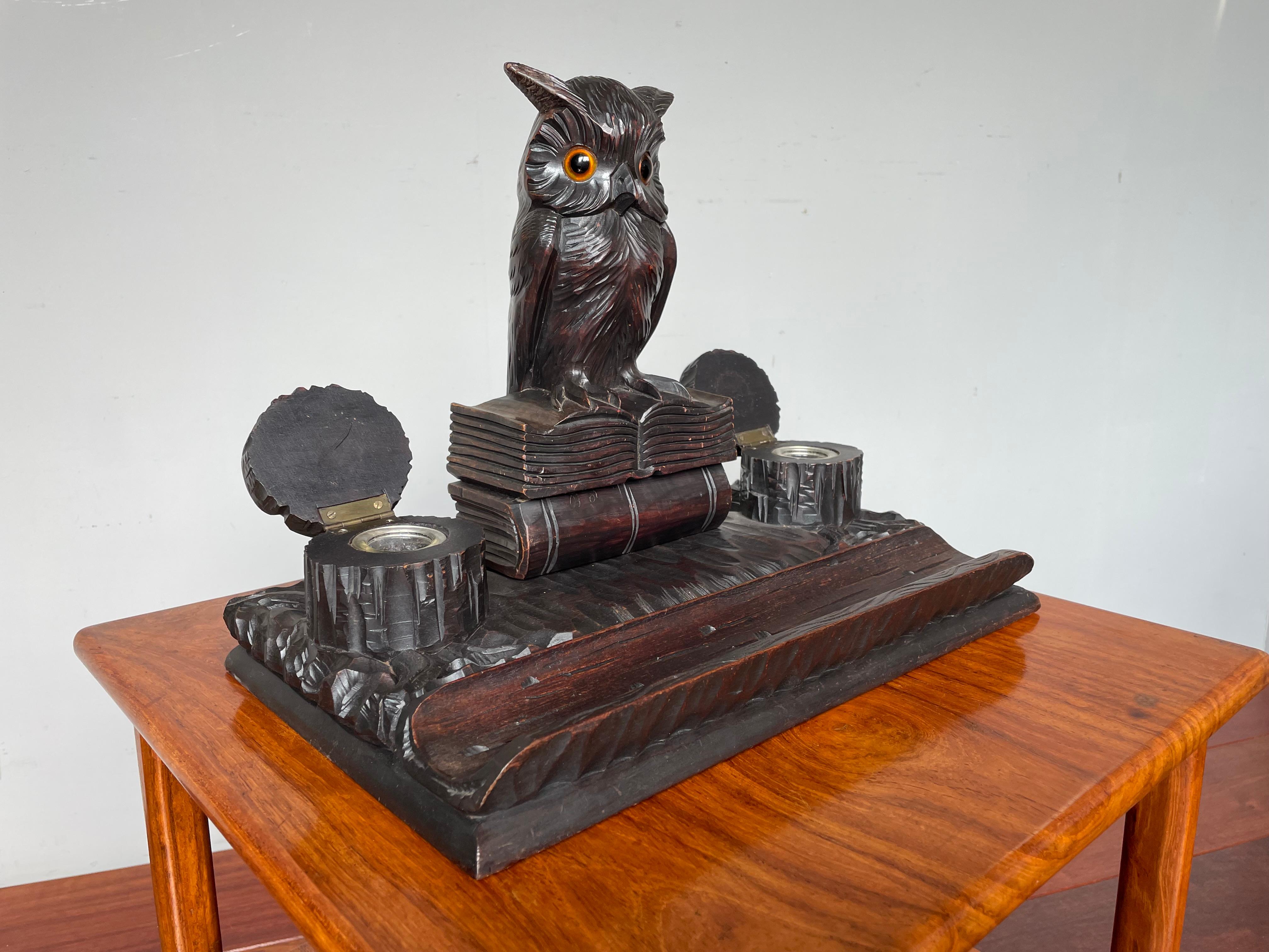 Antique Hand Carved Black Forest Inkstand with Owl on Books Sculpture & Inkwells 4