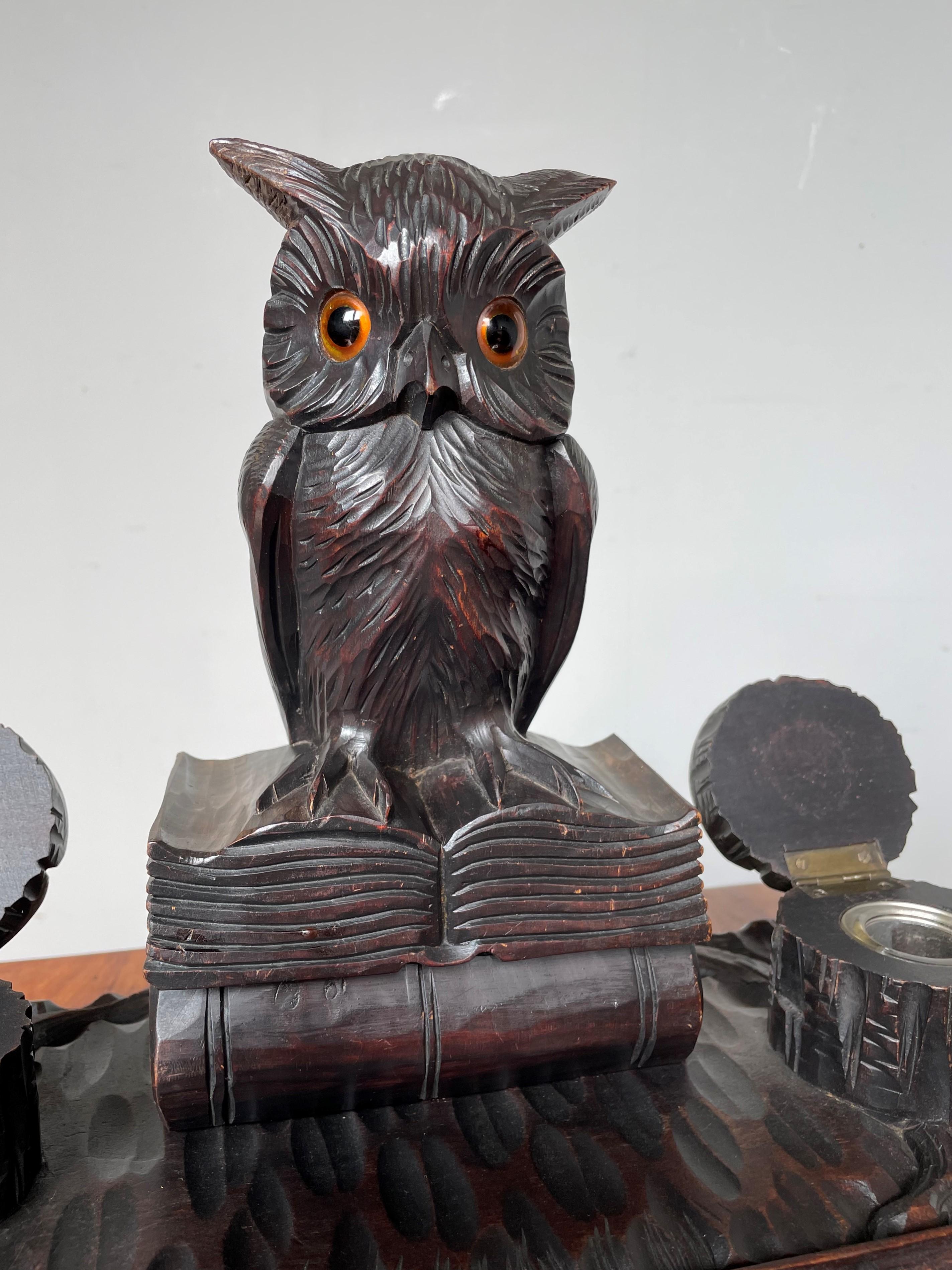 Antique Hand Carved Black Forest Inkstand with Owl on Books Sculpture & Inkwells 5