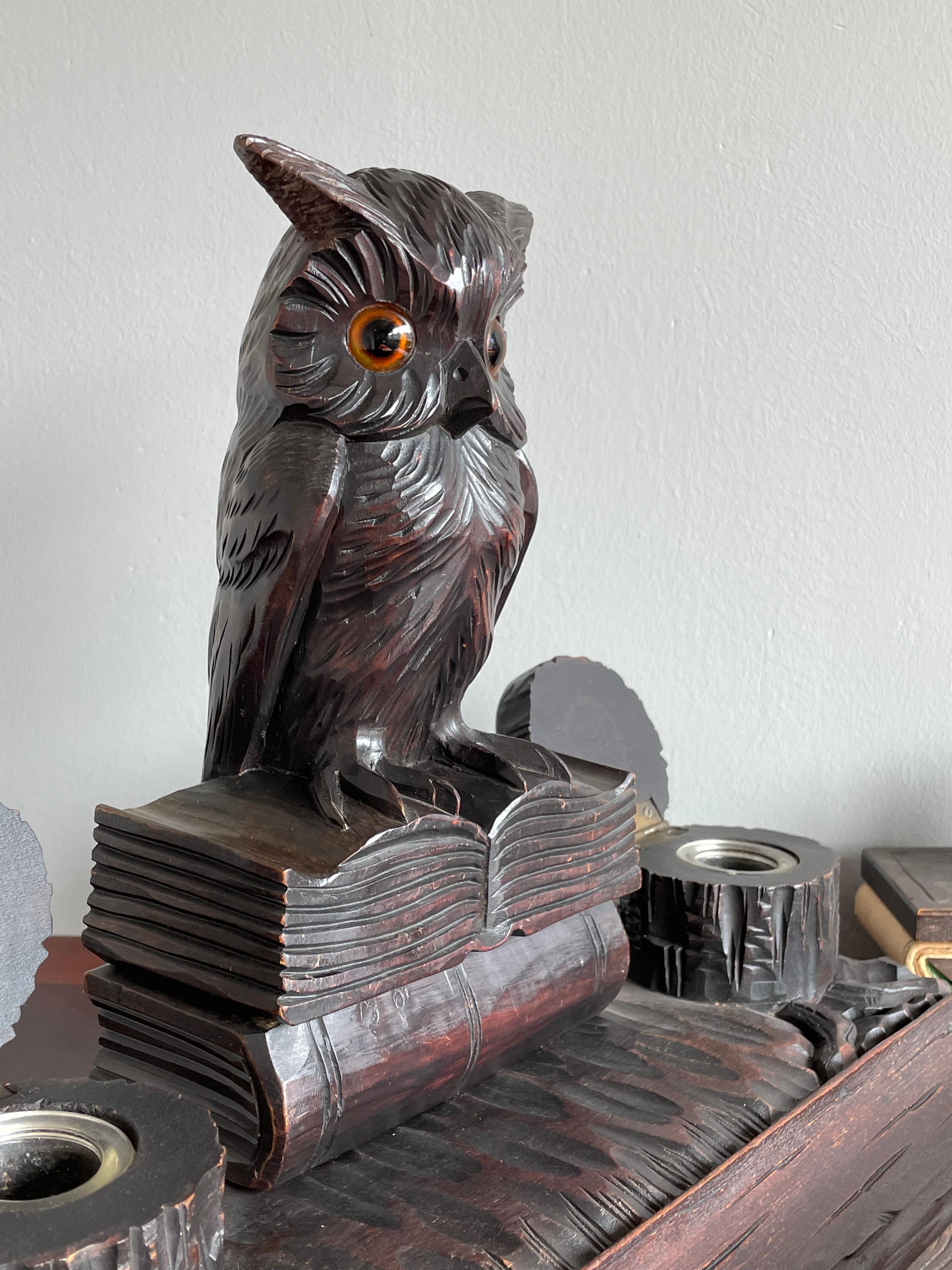 Antique Hand Carved Black Forest Inkstand with Owl on Books Sculpture & Inkwells 6
