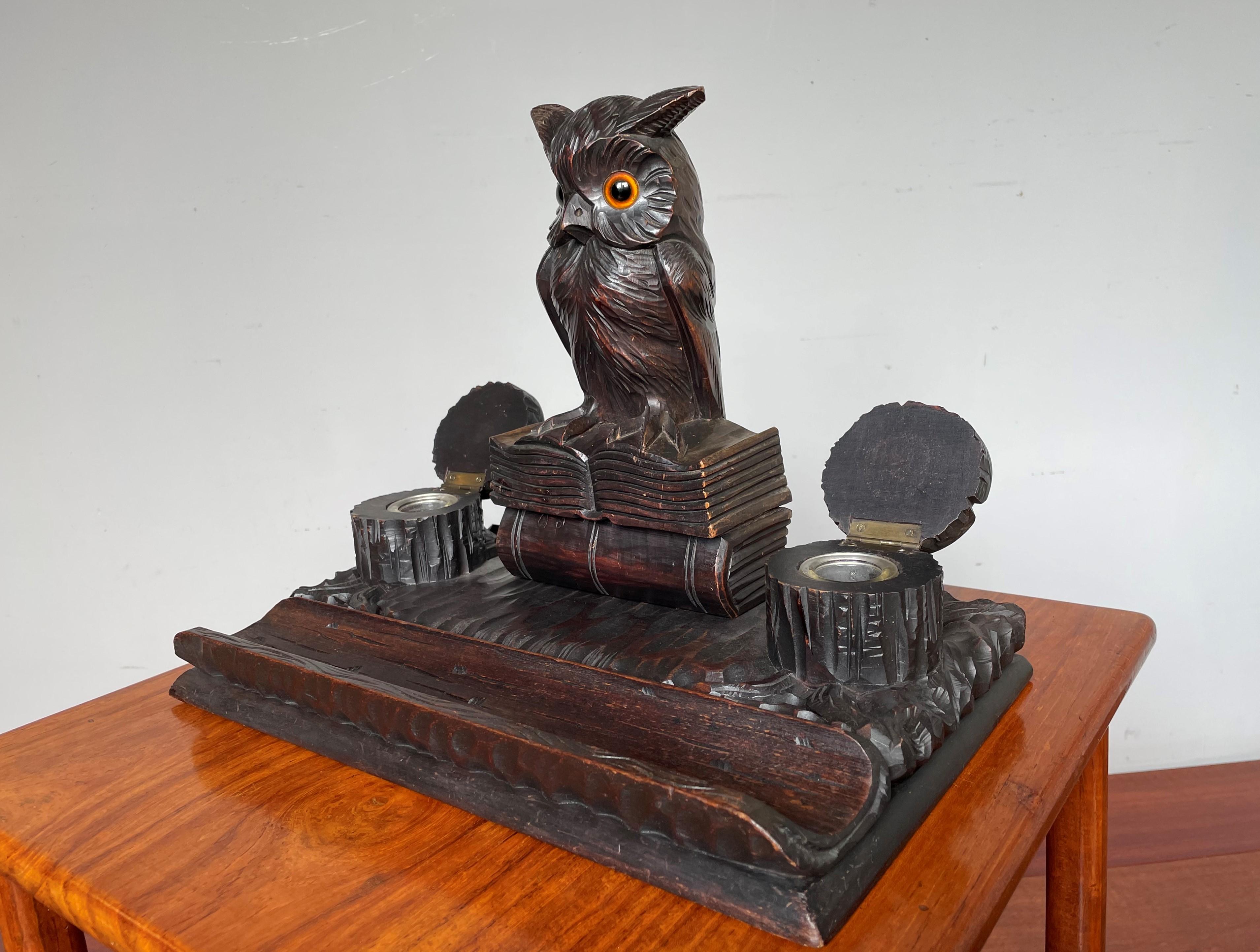 Antique Hand Carved Black Forest Inkstand with Owl on Books Sculpture & Inkwells 7