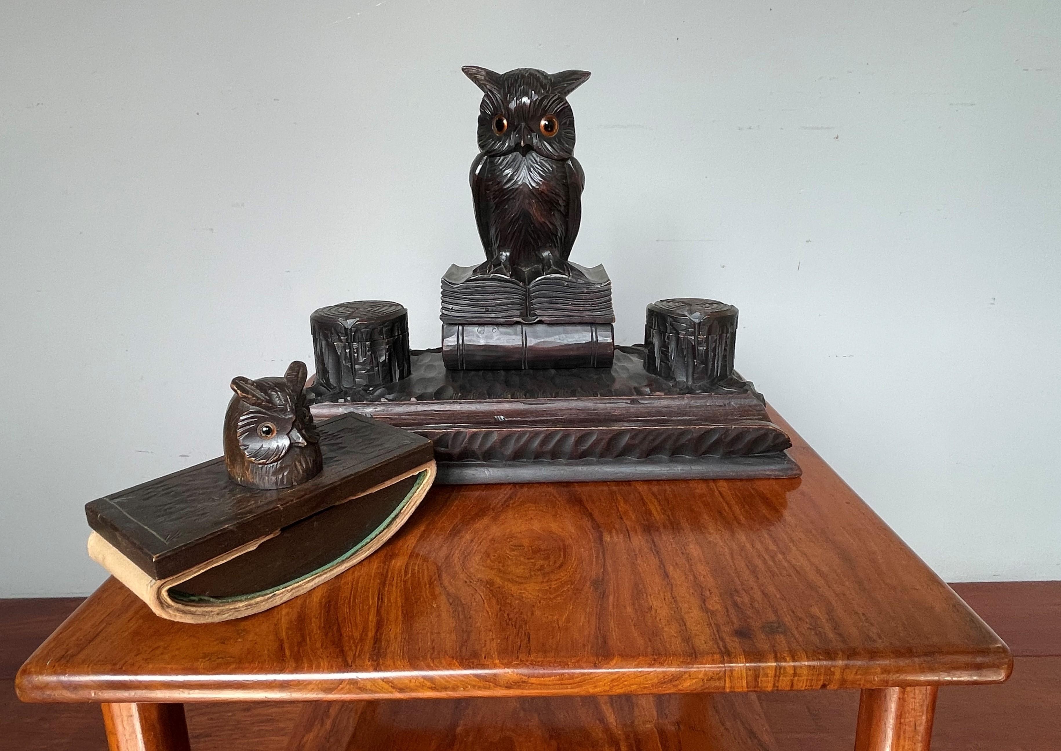 Antique Hand Carved Black Forest Inkstand with Owl on Books Sculpture & Inkwells 8