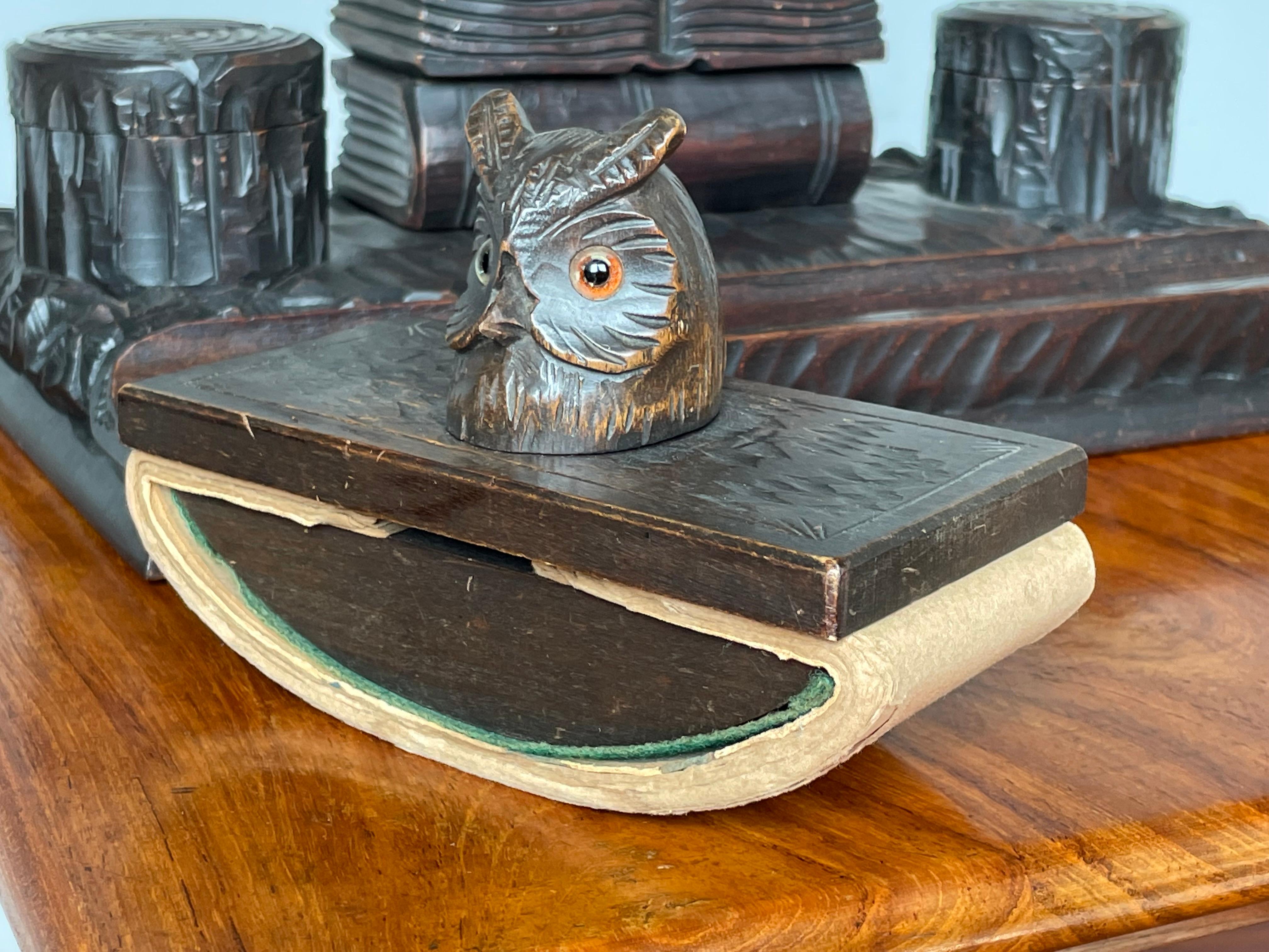 Antique Hand Carved Black Forest Inkstand with Owl on Books Sculpture & Inkwells 12