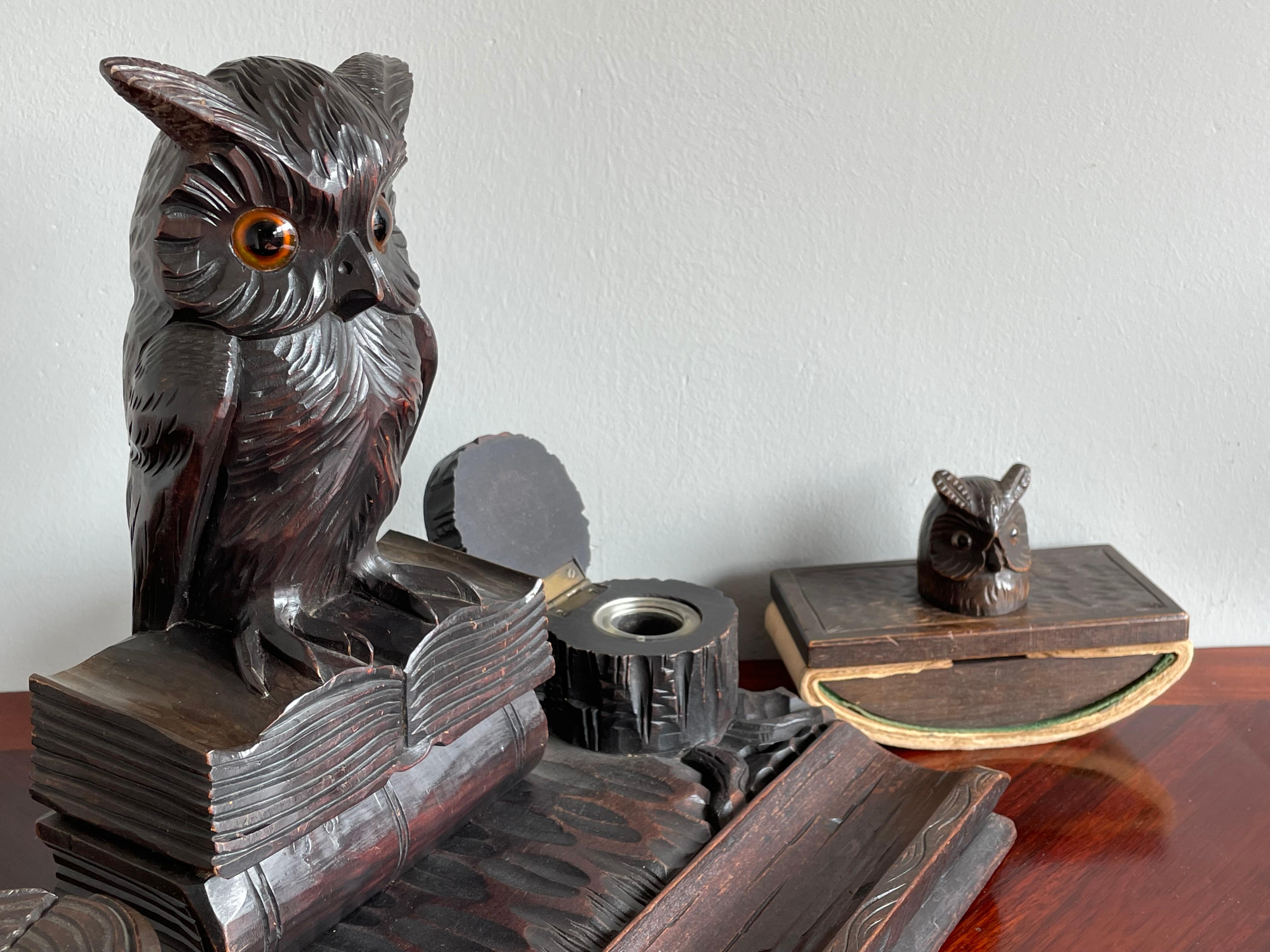 Antique Hand Carved Black Forest Inkstand with Owl on Books Sculpture & Inkwells 13