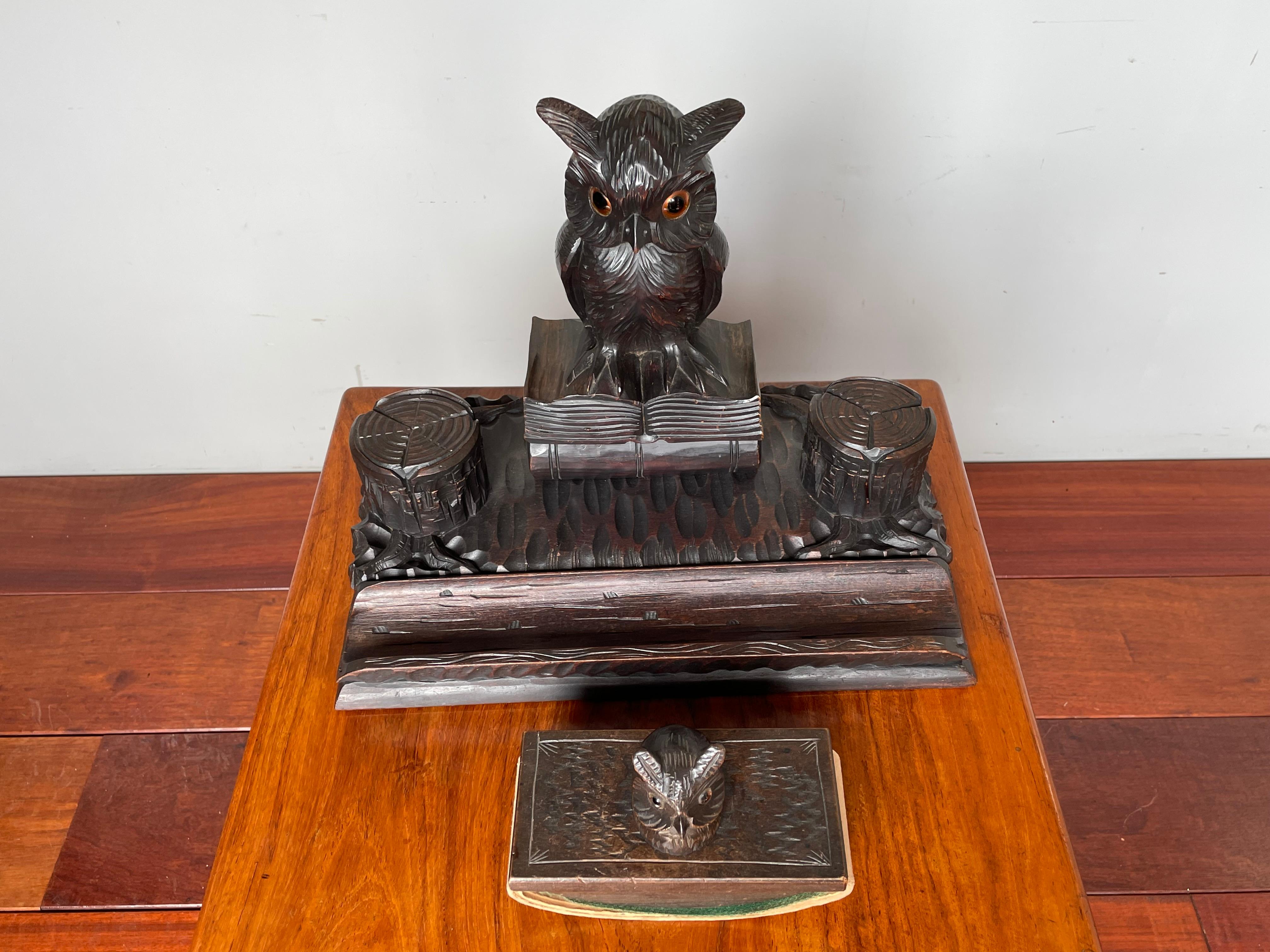 European Antique Hand Carved Black Forest Inkstand with Owl on Books Sculpture & Inkwells
