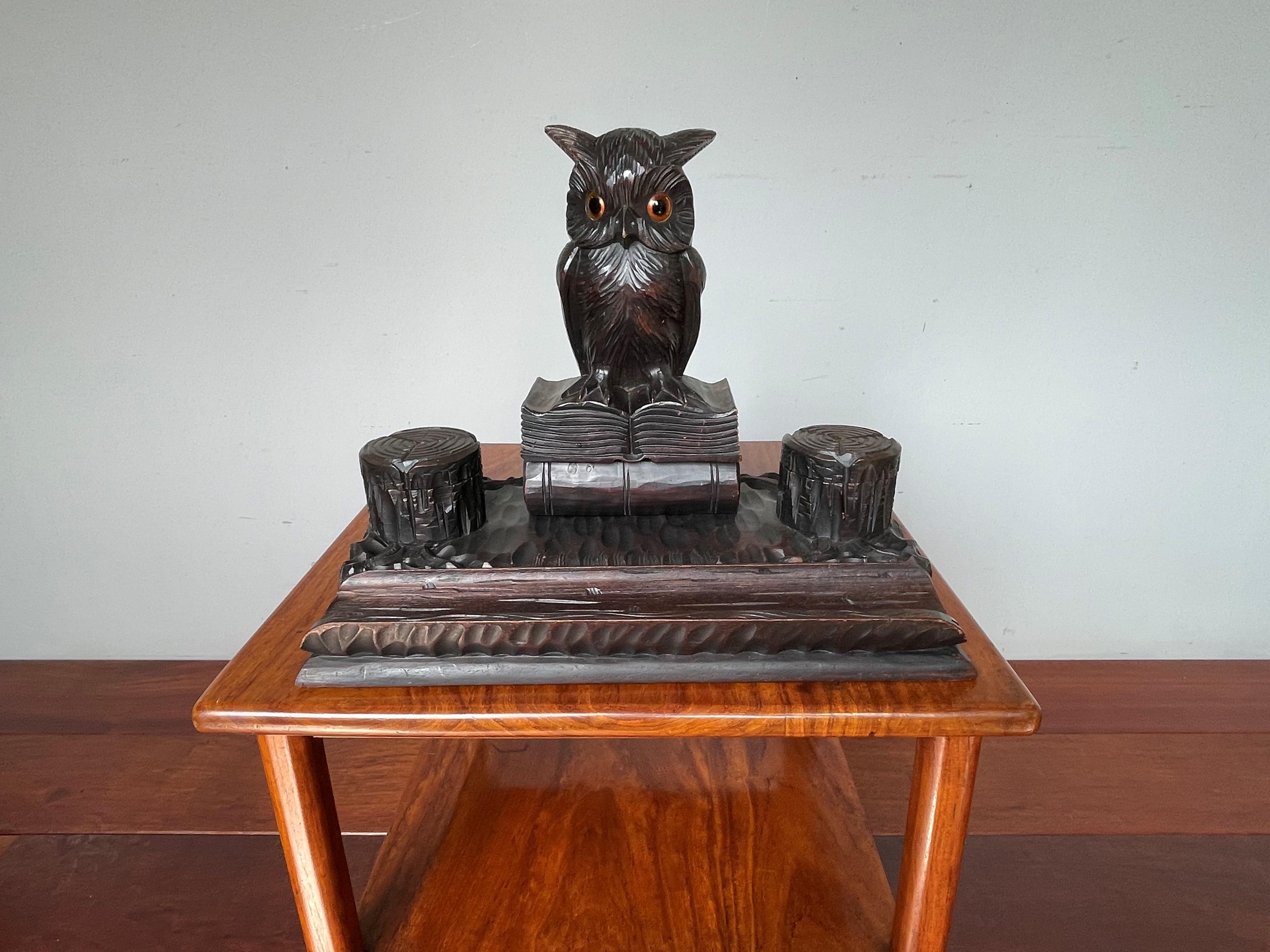 Patinated Antique Hand Carved Black Forest Inkstand with Owl on Books Sculpture & Inkwells