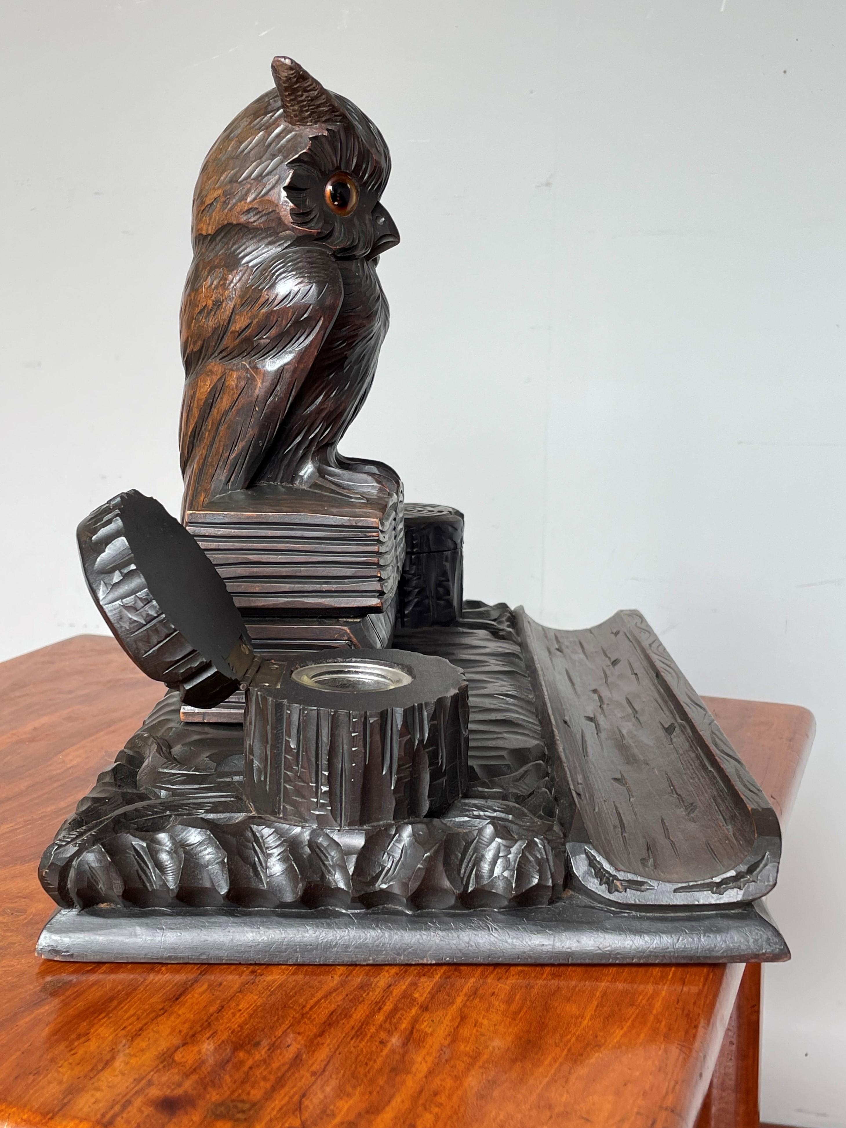 20th Century Antique Hand Carved Black Forest Inkstand with Owl on Books Sculpture & Inkwells